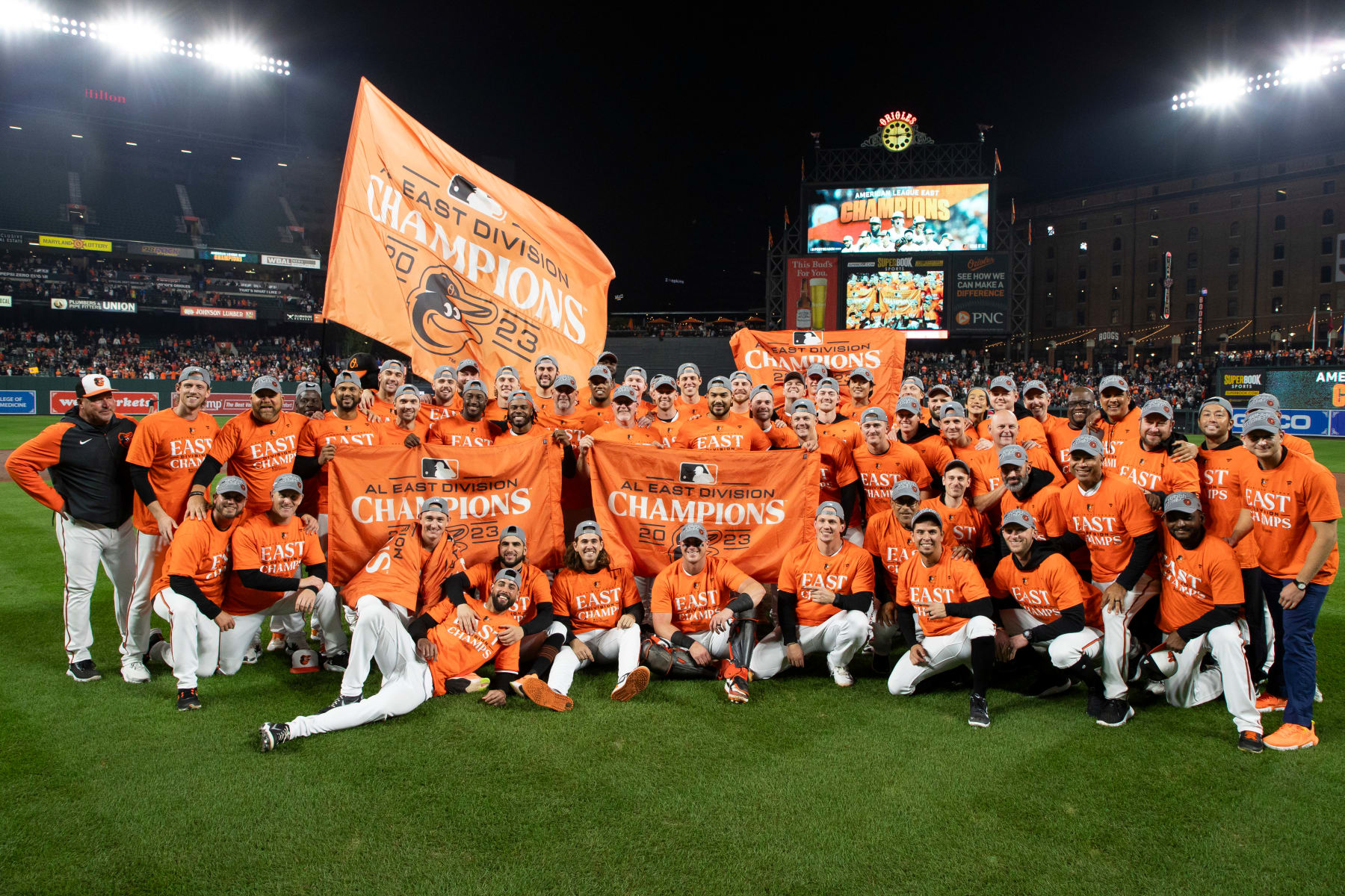 BALTIMORE, MARYLAND - SEPTEMBER 28: Baltimore Orioles players pose for a group photo after defeating the Boston Red Sox to win the American League East at Oriole Park at Camden Yards on September 28, 2023 in Baltimore, Maryland. (Photo by Brandon Sloter/Image Of Sport/Getty Images)