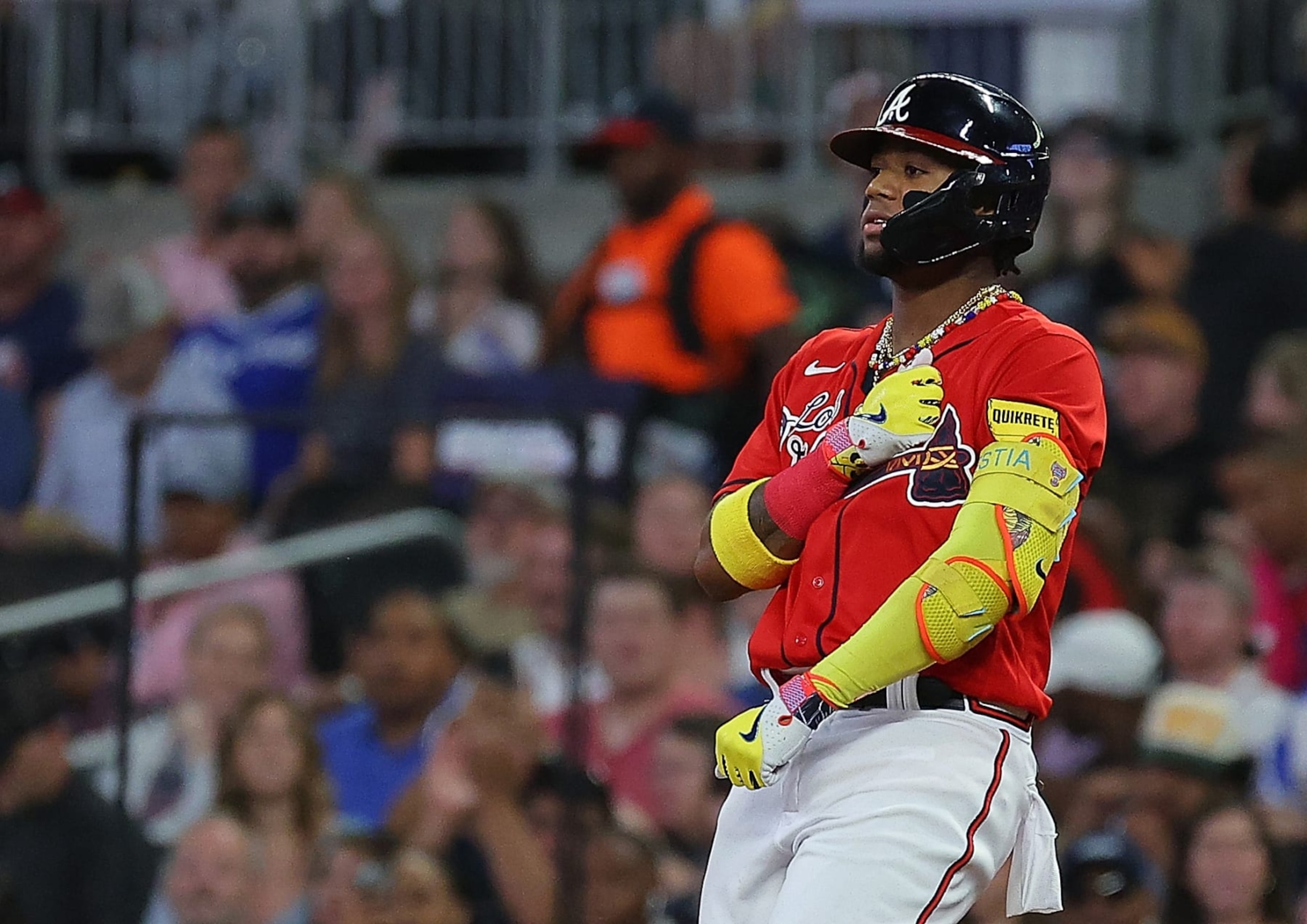 ATLANTA, GEORGIA - SEPTEMBER 28:  Ronald Acuna Jr. #13 of the Atlanta Braves reacts after hitting a RBI single in the second inning against the Chicago Cubs at Truist Park on September 28, 2023 in Atlanta, Georgia. (Photo by Kevin C. Cox/Getty Images)