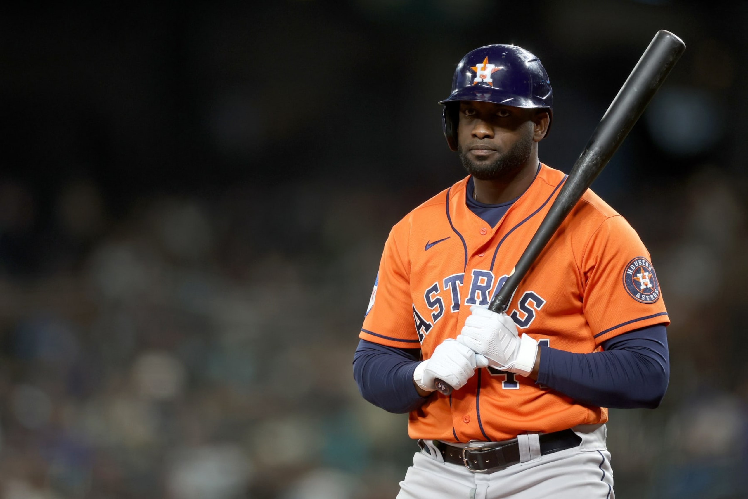 SEATTLE, WASHINGTON - SEPTEMBER 27: Yordan Alvarez #44 of the Houston Astros at bat against the Seattle Mariners at T-Mobile Park on September 27, 2023 in Seattle, Washington. (Photo by Steph Chambers/Getty Images)