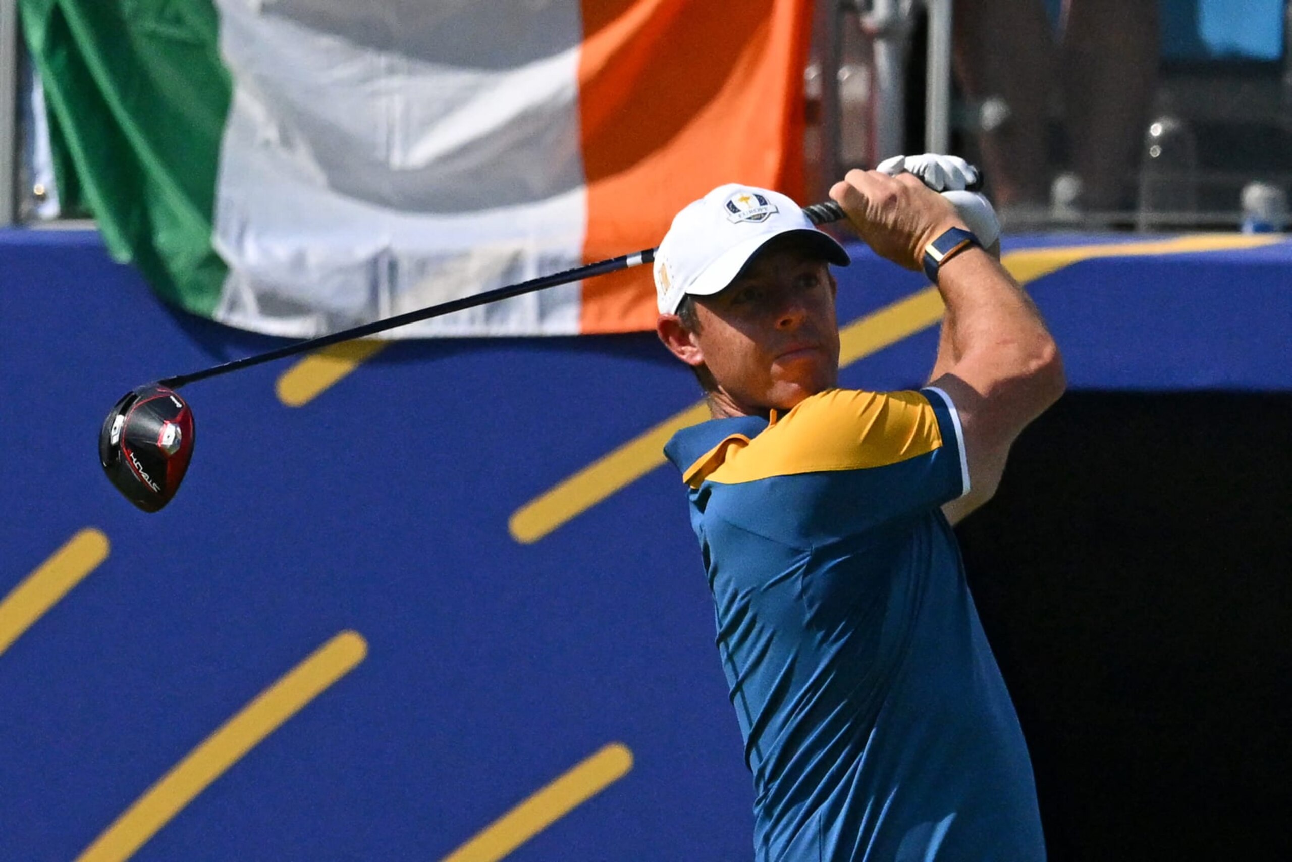 Europe's Northern Irish golfer, Rory McIlroy watches his drive from the 1st tee during his singles match against US golfer, Sam Burns on the final day of play in the 44th Ryder Cup at the Marco Simone Golf and Country Club in Rome on October 1, 2023. (Photo by Andreas SOLARO / AFP) (Photo by ANDREAS SOLARO/AFP via Getty Images) Europe's Northern Irish golfer, Rory McIlroy watches his drive from the 1st tee during his singles match against US golfer, Sam Burns on the final day of play in the 44th Ryder Cup at the Marco Simone Golf and Country Club in Rome on October 1, 2023. (Photo by Andreas SOLARO / AFP) (Photo by ANDREAS SOLARO/AFP via Getty Images)