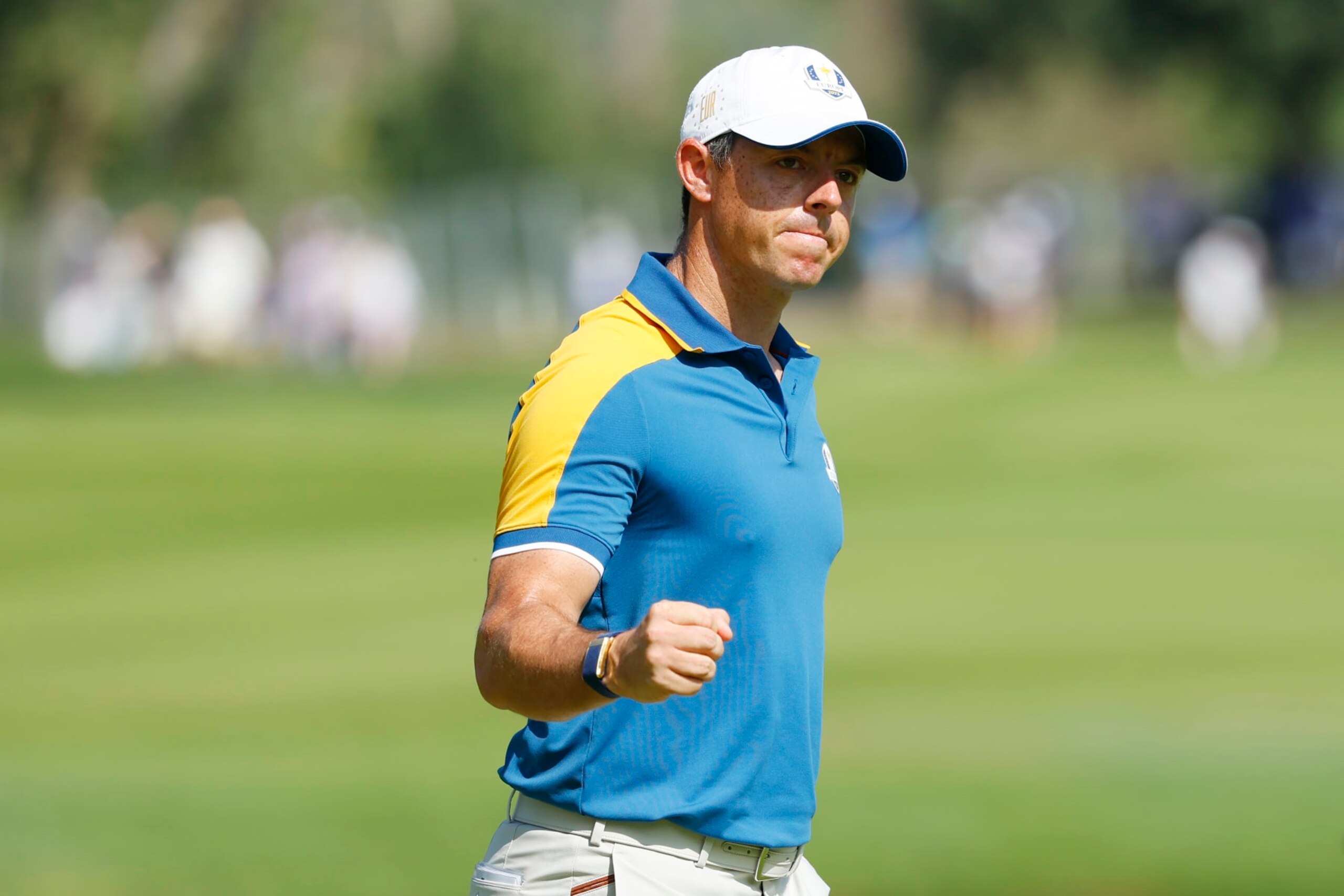 ROME, ITALY - OCTOBER 01: Rory McIlroy of Team Europe celebrates on the fifth green during the Sunday singles matches of the 2023 Ryder Cup at Marco Simone Golf Club on October 01, 2023 in Rome, Italy. (Photo by Mike Ehrmann/Getty Images)