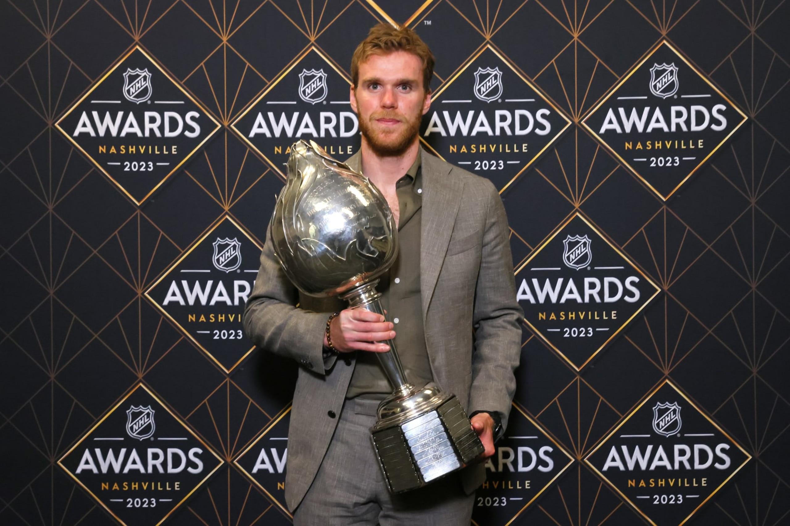 Edmonton Oilers captain Connor McDavid with the Hart Memorial Trophy at the 2023 NHL Awards. Edmonton Oilers captain Connor McDavid with the Hart Memorial Trophy at the 2023 NHL Awards.