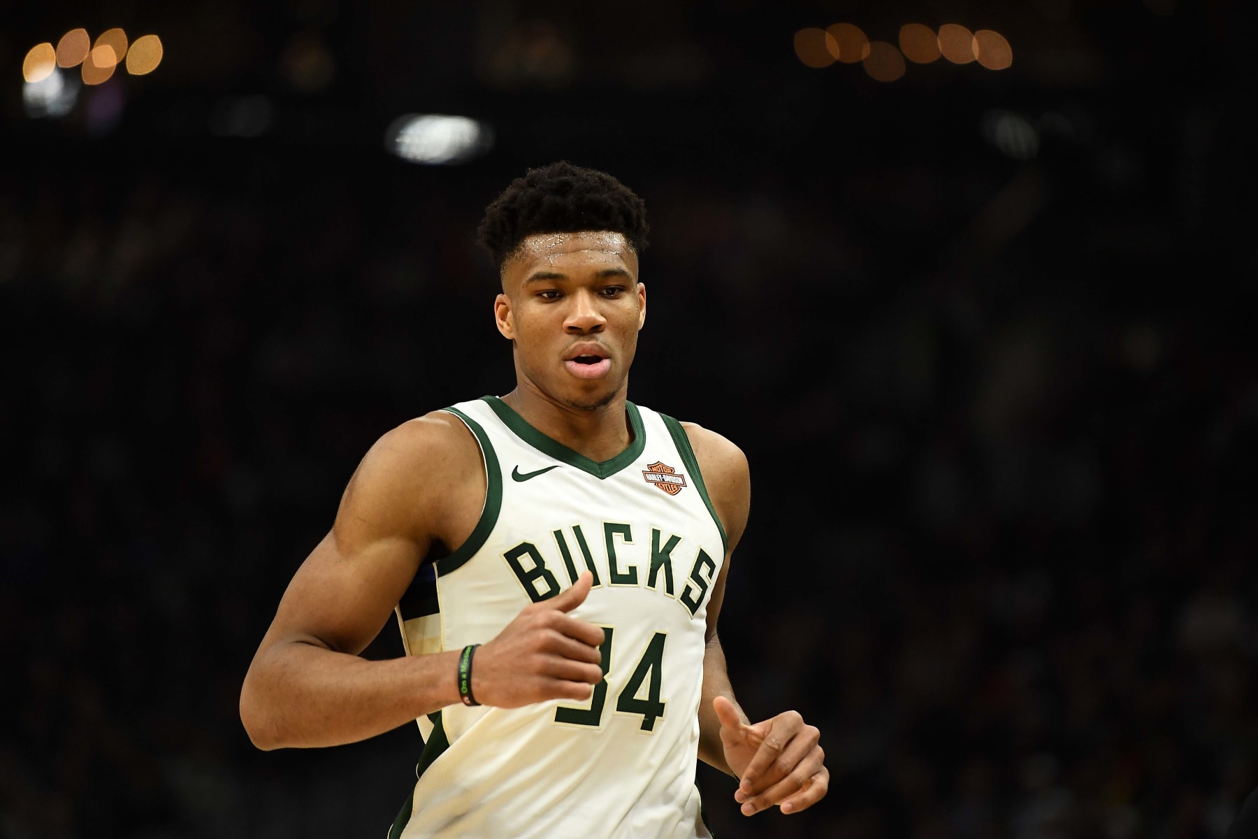 MILWAUKEE, WISCONSIN - MARCH 26:  Giannis Antetokounmpo #34 of the Milwaukee Bucks walks backcourt during a game against the Houston Rockets at Fiserv Forum on March 26, 2019 in Milwaukee, Wisconsin. NOTE TO USER: User expressly acknowledges and agrees that, by downloading and or using this photograph, User is consenting to the terms and conditions of the Getty Images License Agreement. (Photo by Stacy Revere/Getty Images)