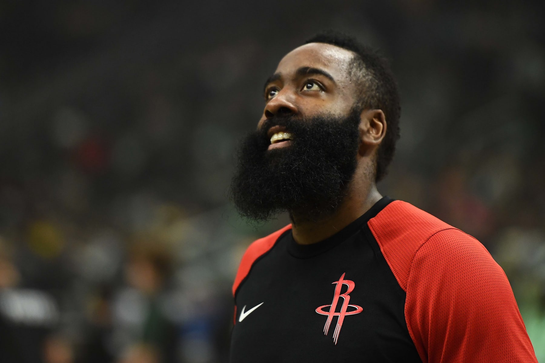 MILWAUKEE, WISCONSIN - MARCH 26:  James Harden #13 of the Houston Rockets participates in warmups prior to a game against the Milwaukee Bucks at Fiserv Forum on March 26, 2019 in Milwaukee, Wisconsin. NOTE TO USER: User expressly acknowledges and agrees that, by downloading and or using this photograph, User is consenting to the terms and conditions of the Getty Images License Agreement. (Photo by Stacy Revere/Getty Images)