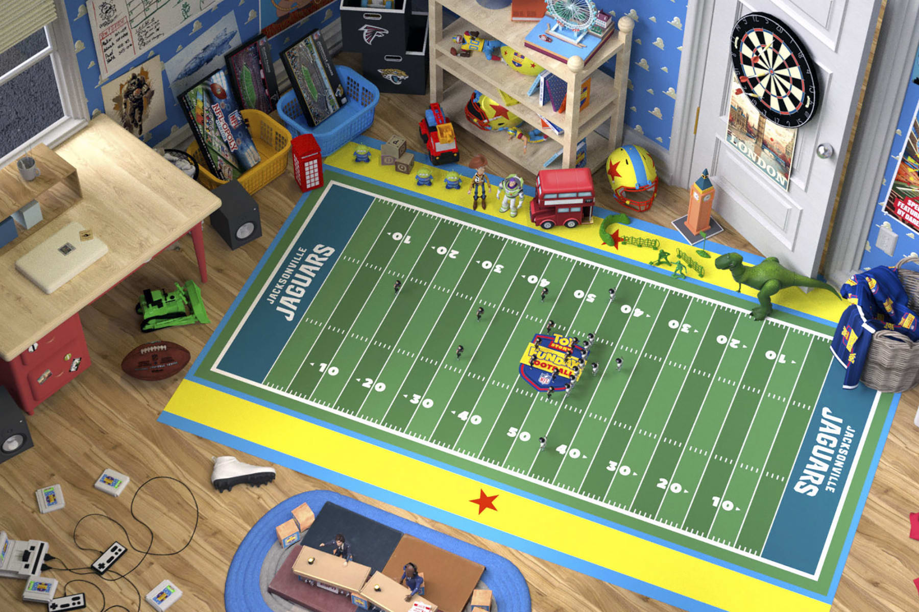This handout from an animated video provided by ESPN shows a scene inside Andy’s Room from “Toy Story” that will be used for “Toy Story Funday Football,” an alternate broadcast on ESPN+ and Disney+ for the Oct. 1, 2023, game between the Jacksonville Jaguars and Atlanta Falcons. This is the second time ESPN is doing an animated presentation of a game using Disney characters as an alternate broadcast. (ESPN via AP)