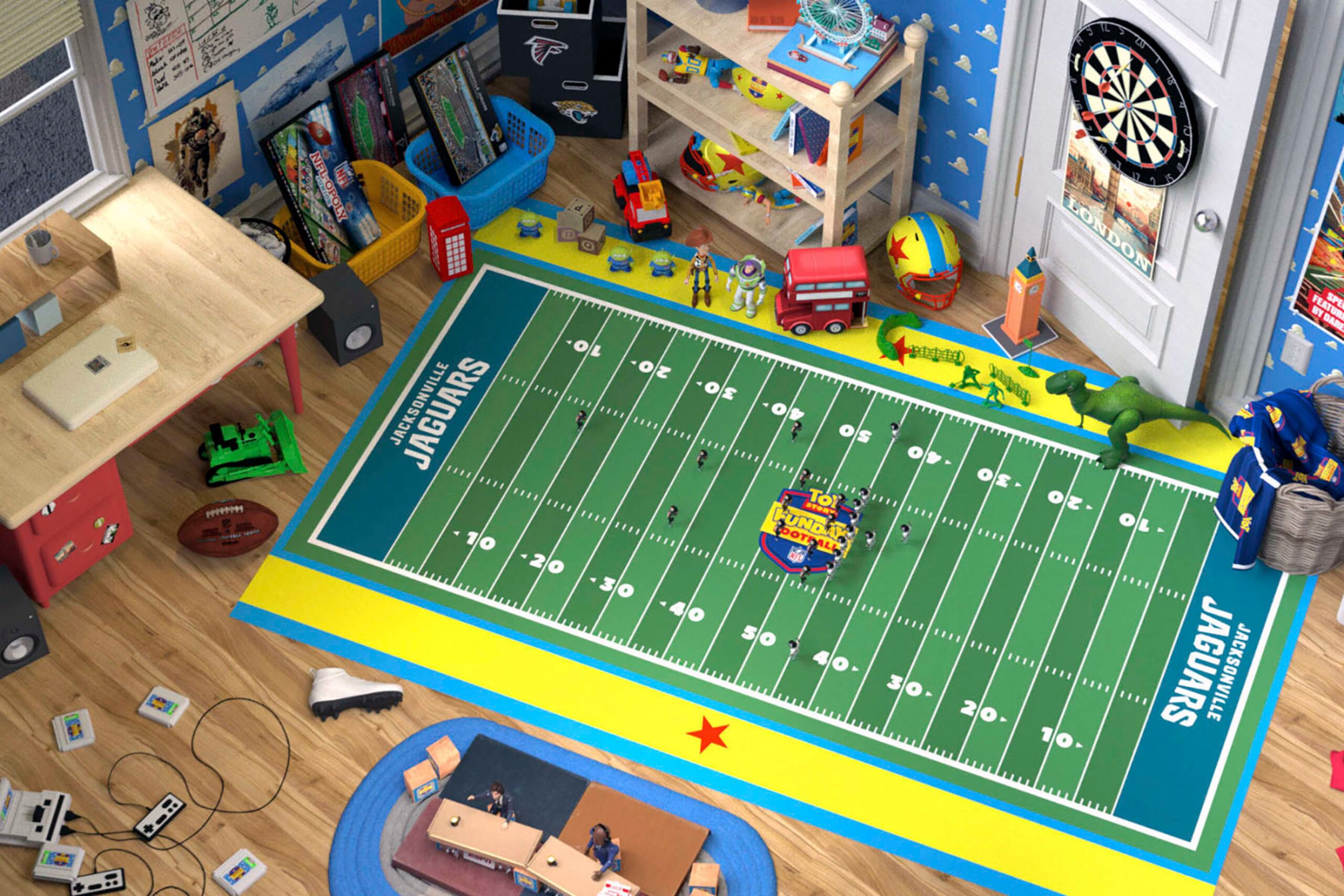 This handout from an animated video provided by ESPN shows a scene inside Andy’s Room from “Toy Story” that will be used for “Toy Story Funday Football,” an alternate broadcast on ESPN+ and Disney+ for the Oct. 1, 2023, game between the Jacksonville Jaguars and Atlanta Falcons. This is the second time ESPN is doing an animated presentation of a game using Disney characters as an alternate broadcast. (ESPN via AP) This handout from an animated video provided by ESPN shows a scene inside Andy’s Room from “Toy Story” that will be used for “Toy Story Funday Football,” an alternate broadcast on ESPN+ and Disney+ for the Oct. 1, 2023, game between the Jacksonville Jaguars and Atlanta Falcons. This is the second time ESPN is doing an animated presentation of a game using Disney characters as an alternate broadcast. (ESPN via AP)