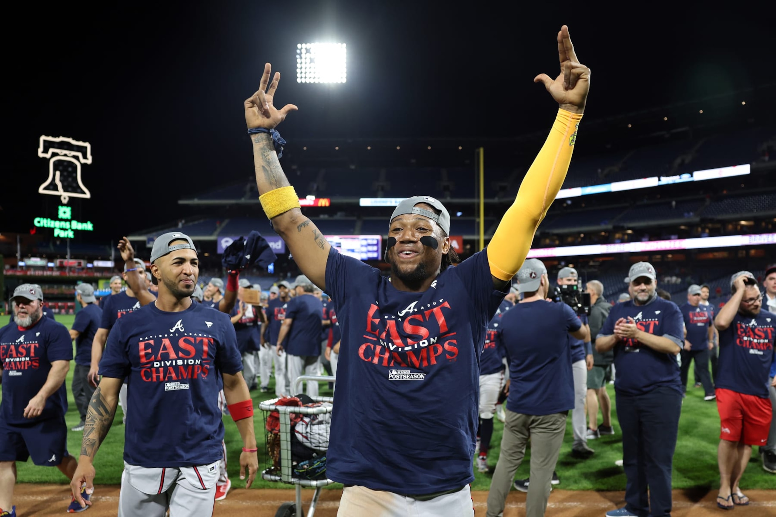 PHILADELPHIA, PENNSYLVANIA - SEPTEMBER 13: Ronald Acuna Jr. #13 of the Atlanta Braves reacts after defeating the Philadelphia Phillies to clinch the NL East at Citizens Bank Park on September 13, 2023 in Philadelphia, Pennsylvania. (Photo by Tim Nwachukwu/Getty Images)