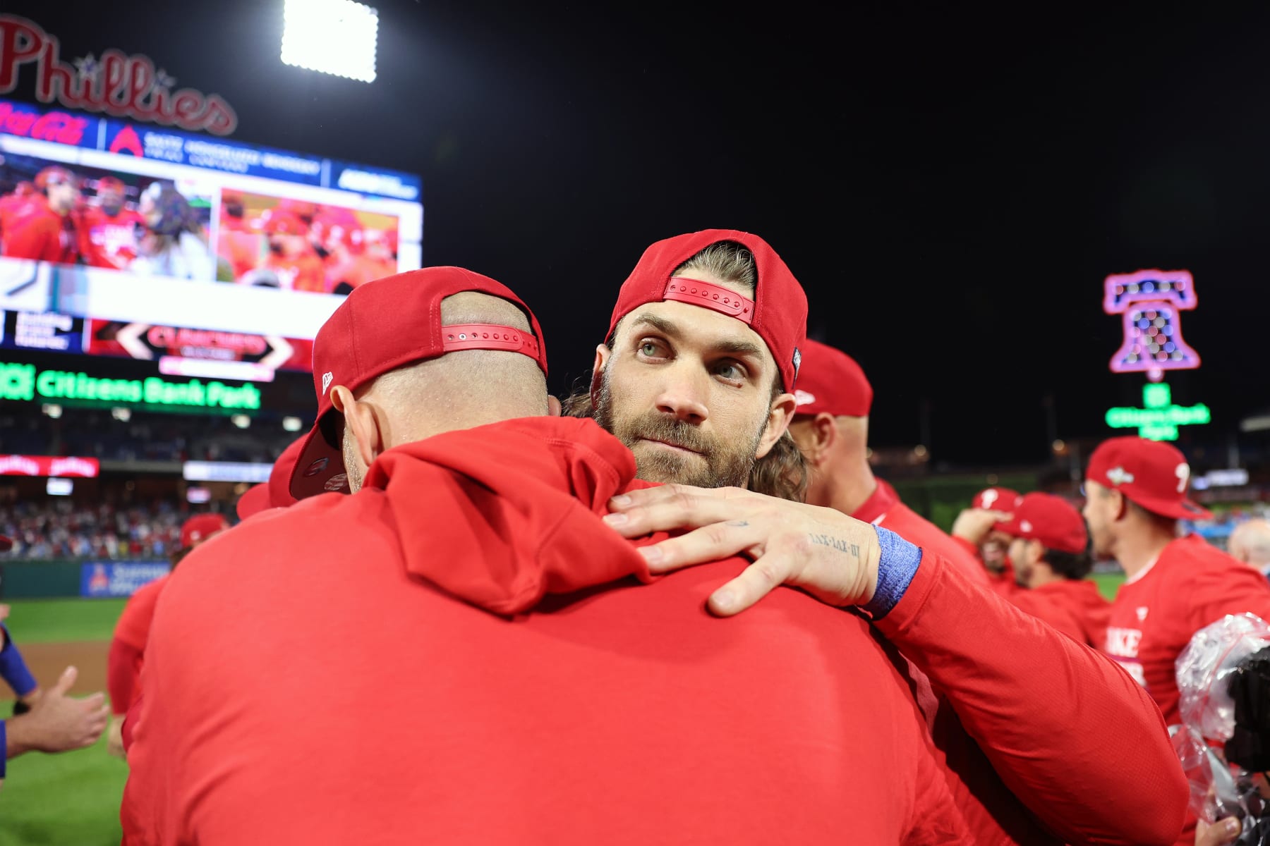 PHILADELPHIA, PENNSYLVANIA - SEPTEMBER 26: Bryce Harper #3 of the Philadelphia Phillies reacts after defeating the Pittsburgh Pirates at Citizens Bank Park on September 26, 2023 in Philadelphia, Pennsylvania. With the win, the Philadelphia Phillies clinched an NL Wild Card berth. (Photo by Tim Nwachukwu/Getty Images)