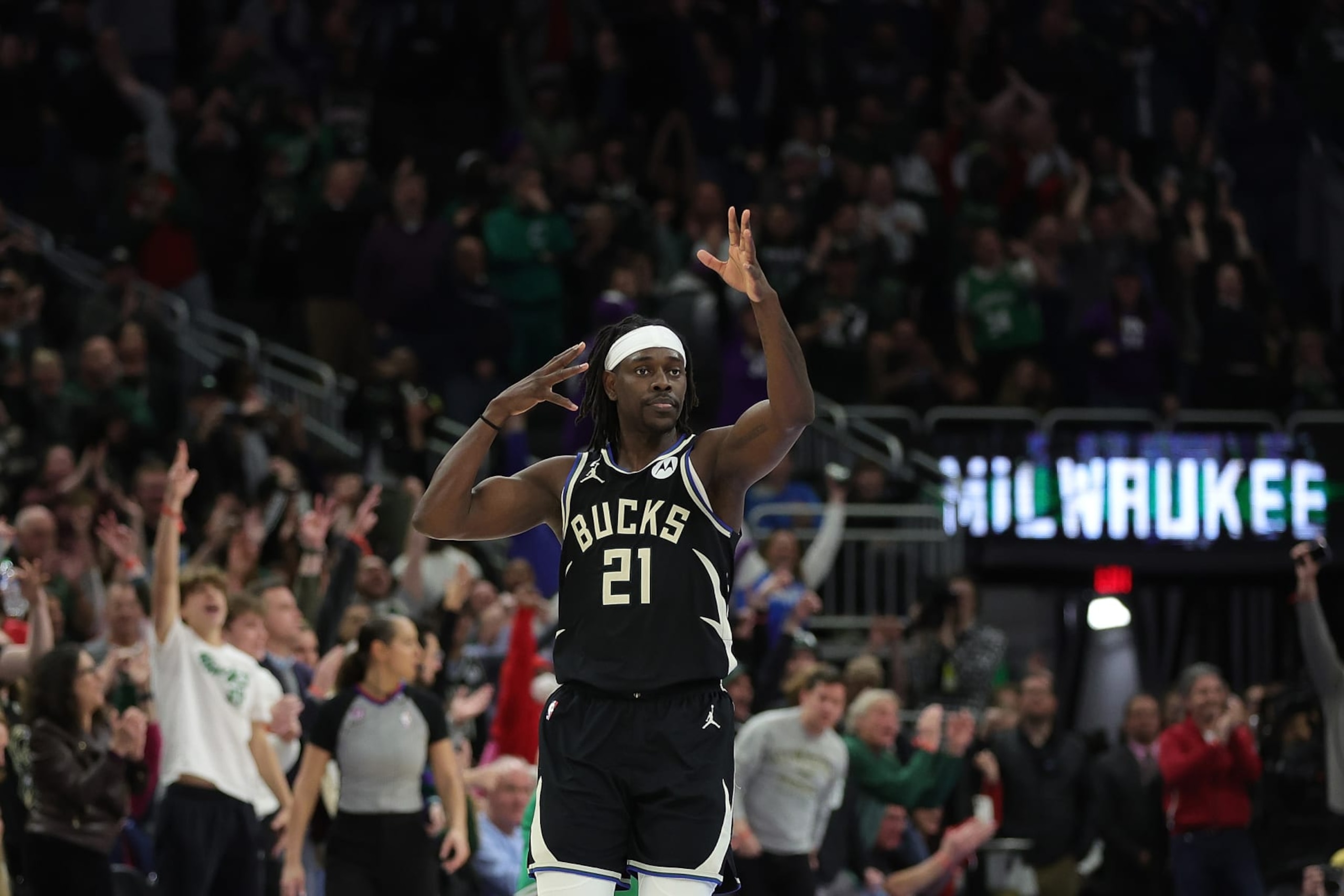 MILWAUKEE, WISCONSIN - FEBRUARY 14: Jrue Holiday #21 of the Milwaukee Bucks reacts to a three point shot in overtime against the Boston Celtics at Fiserv Forum on February 14, 2023 in Milwaukee, Wisconsin. NOTE TO USER: User expressly acknowledges and agrees that, by downloading and or using this photograph, User is consenting to the terms and conditions of the Getty Images License Agreement. (Photo by Stacy Revere/Getty Images) MILWAUKEE, WISCONSIN - FEBRUARY 14: Jrue Holiday #21 of the Milwaukee Bucks reacts to a three point shot in overtime against the Boston Celtics at Fiserv Forum on February 14, 2023 in Milwaukee, Wisconsin. NOTE TO USER: User expressly acknowledges and agrees that, by downloading and or using this photograph, User is consenting to the terms and conditions of the Getty Images License Agreement. (Photo by Stacy Revere/Getty Images)
