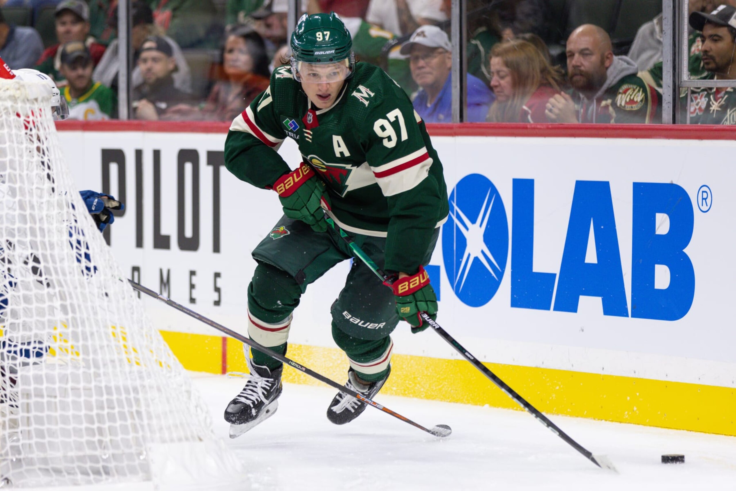 MINNEAPOLIS, MN - SEPTEMBER 28: Minnesota Wild left wing Kirill Kaprizov (97) skates with the puck during the NHL Preseason game between the Colorado Avalanche and Minnesota Wild on September 28th, 2022, at the Xcel Energy Center in Saint Paul, MN. (Photo by Bailey Hillesheim/Icon Sportswire via Getty Images) MINNEAPOLIS, MN - SEPTEMBER 28: Minnesota Wild left wing Kirill Kaprizov (97) skates with the puck during the NHL Preseason game between the Colorado Avalanche and Minnesota Wild on September 28th, 2022, at the Xcel Energy Center in Saint Paul, MN. (Photo by Bailey Hillesheim/Icon Sportswire via Getty Images)