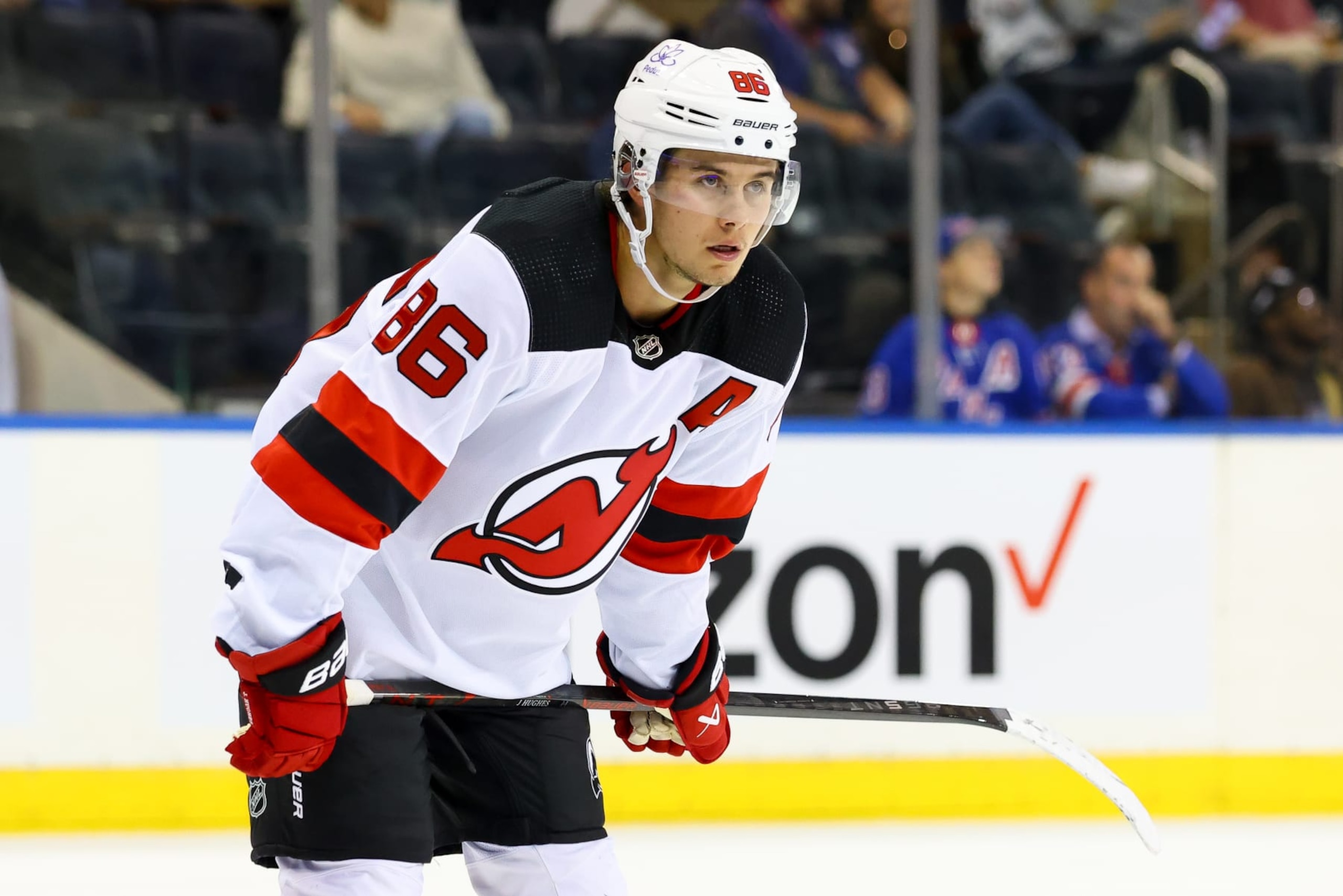 NEWARK, NJ - September 28: Jack Hughes #86 of the New Jersey Devils during the preseason game against the New York Rangers on September 28, 2023 at Madison Square Garden in New York, New York. (Photo by Rich Graessle/Getty Images) NEWARK, NJ - September 28: Jack Hughes #86 of the New Jersey Devils during the preseason game against the New York Rangers on September 28, 2023 at Madison Square Garden in New York, New York. (Photo by Rich Graessle/Getty Images)