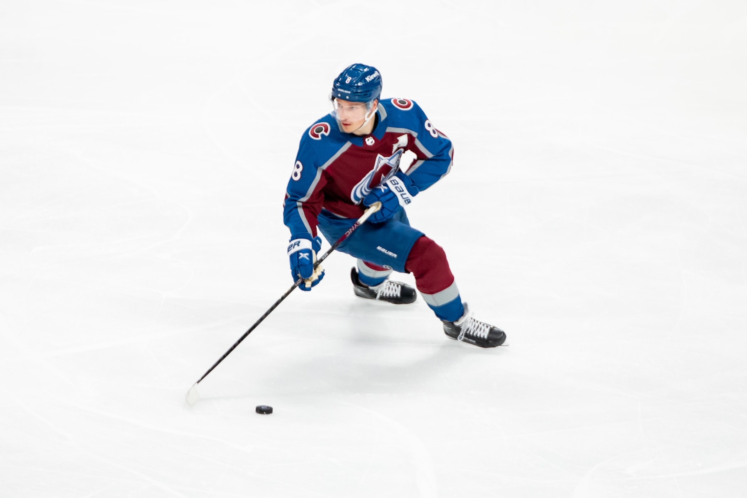 DENVER, COLORADO - APRIL 30: Cale Makar #8 of the Colorado Avalanche. skates with the puck during the first period of Game Seven of the First Round of the 2023 Stanley Cup Playoffs against the Seattle Kraken at Ball Arena on April 30, 2023 in Denver, Colorado. (Photo by Ashley Potts/NHLI via Getty Images) DENVER, COLORADO - APRIL 30: Cale Makar #8 of the Colorado Avalanche. skates with the puck during the first period of Game Seven of the First Round of the 2023 Stanley Cup Playoffs against the Seattle Kraken at Ball Arena on April 30, 2023 in Denver, Colorado. (Photo by Ashley Potts/NHLI via Getty Images)