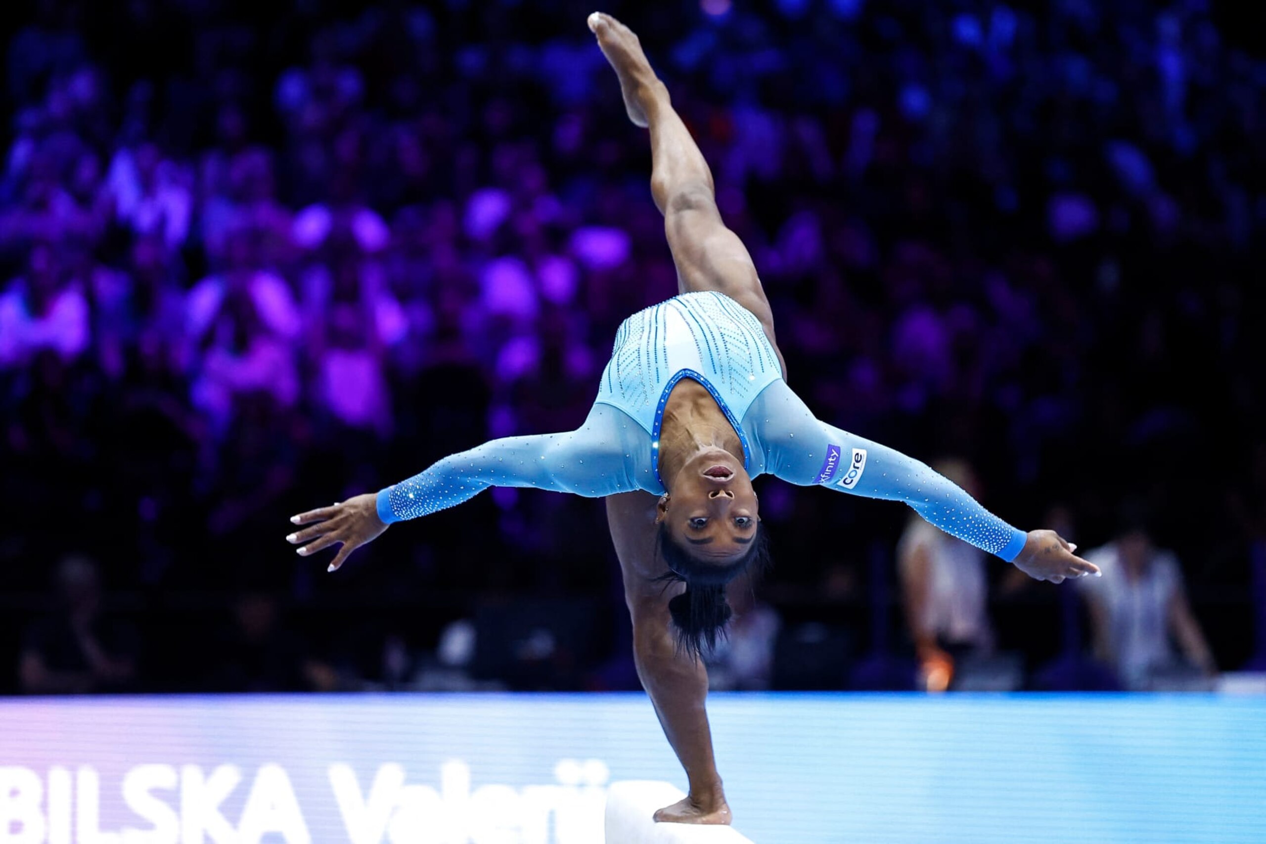 US' Simone Biles competes in the balance beam during the women's qualifying session at the 52nd FIG Artistic Gymnastics World Championships, in Antwerp, northern Belgium, on October 1, 2023. (Photo by Kenzo TRIBOUILLARD / AFP) (Photo by KENZO TRIBOUILLARD/AFP via Getty Images)