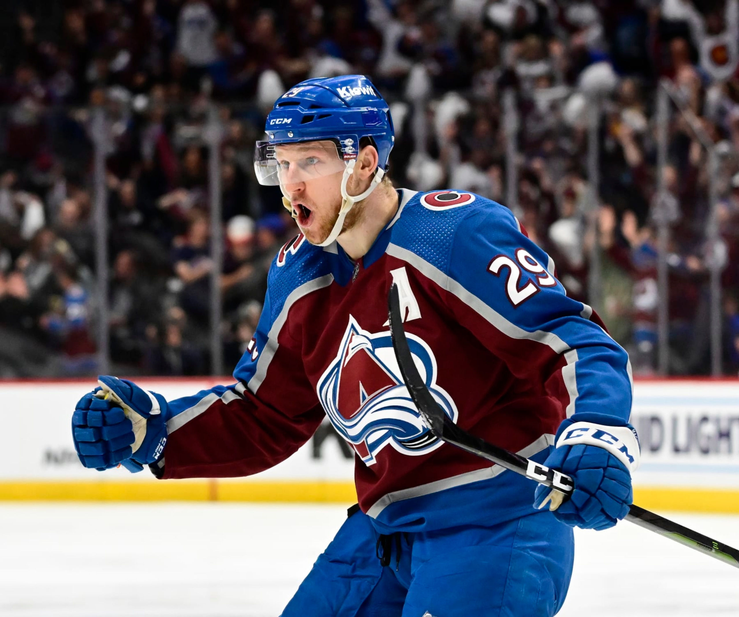 DENVER, CO - APRIL 30: Nathan MacKinnon (29) of the Colorado Avalanche celebrates his goal against the Seattle Kraken in the third period during game seven of the first round of the NHL Stanley Cup Playoffs at Ball Arena April 30, 2023. The goal was called back on an off sides call. (Photo by Andy Cross/The Denver Post) DENVER, CO - APRIL 30: Nathan MacKinnon (29) of the Colorado Avalanche celebrates his goal against the Seattle Kraken in the third period during game seven of the first round of the NHL Stanley Cup Playoffs at Ball Arena April 30, 2023. The goal was called back on an off sides call. (Photo by Andy Cross/The Denver Post)