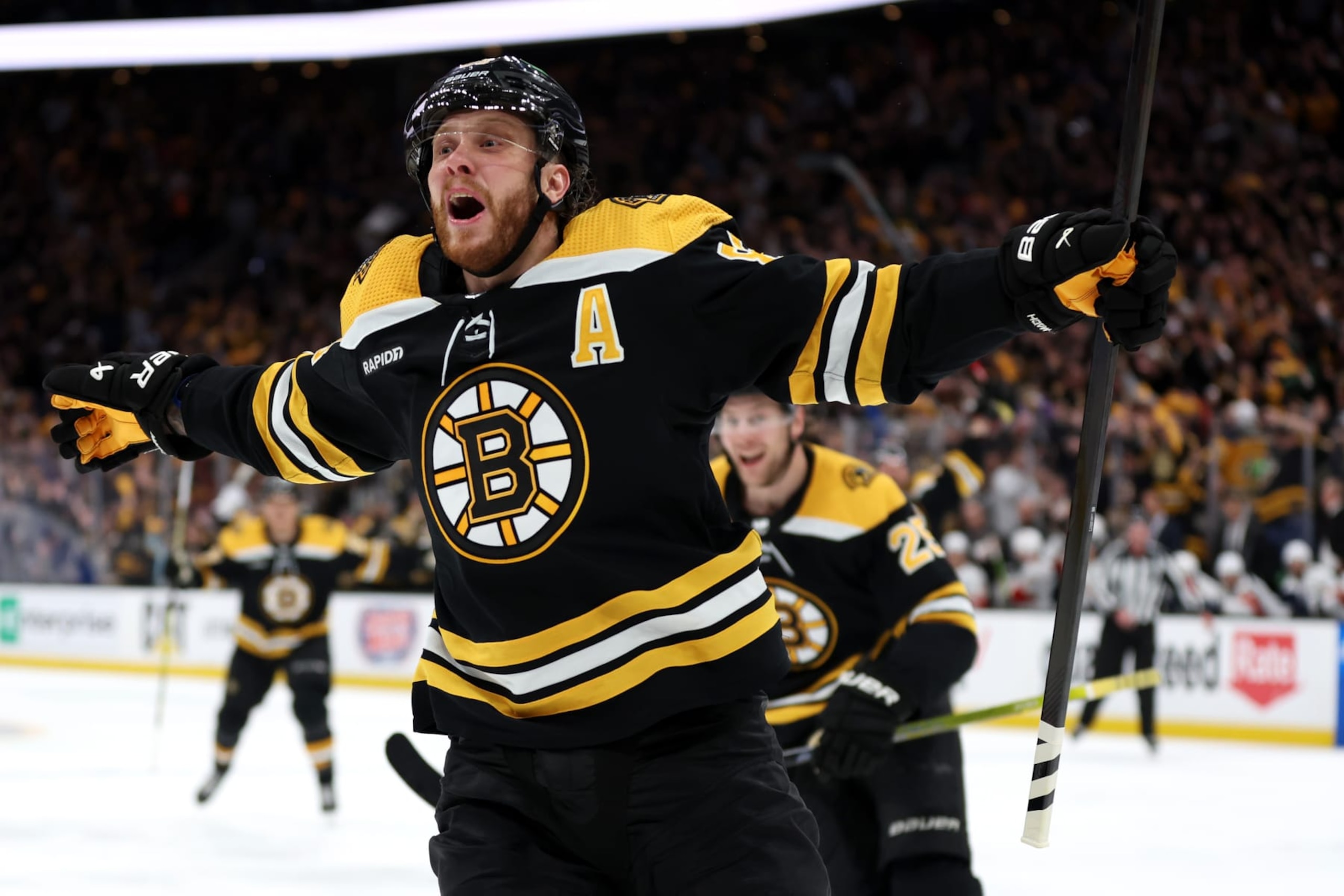 BOSTON, MASSACHUSETTS - APRIL 30: David Pastrnak #88 of the Boston Bruins celebrates with Brandon Carlo #25 after scoring a goal against the Florida Panthers during the third period in Game Seven of the First Round of the 2023 Stanley Cup Playoffs at TD Garden on April 30, 2023 in Boston, Massachusetts. (Photo by Maddie Meyer/Getty Images) BOSTON, MASSACHUSETTS - APRIL 30: David Pastrnak #88 of the Boston Bruins celebrates with Brandon Carlo #25 after scoring a goal against the Florida Panthers during the third period in Game Seven of the First Round of the 2023 Stanley Cup Playoffs at TD Garden on April 30, 2023 in Boston, Massachusetts. (Photo by Maddie Meyer/Getty Images)