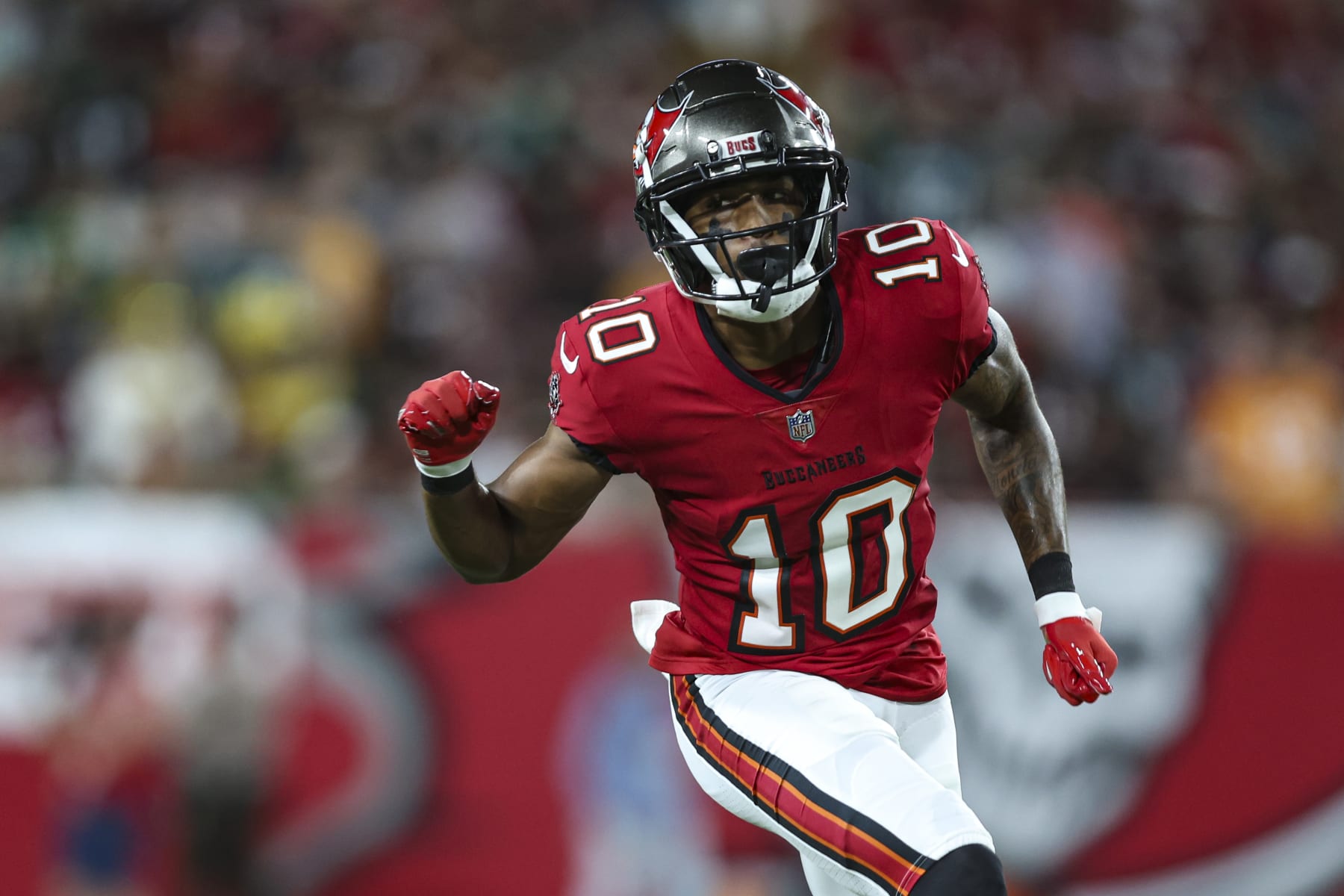 TAMPA, FL - SEPTEMBER 25: Trey Palmer #10 of the Tampa Bay Buccaneers runs a route during an NFL football game against the Philadelphia Eagles at Raymond James Stadium on September 25, 2023 in Tampa, Florida. (Photo by Perry Knotts/Getty Images)