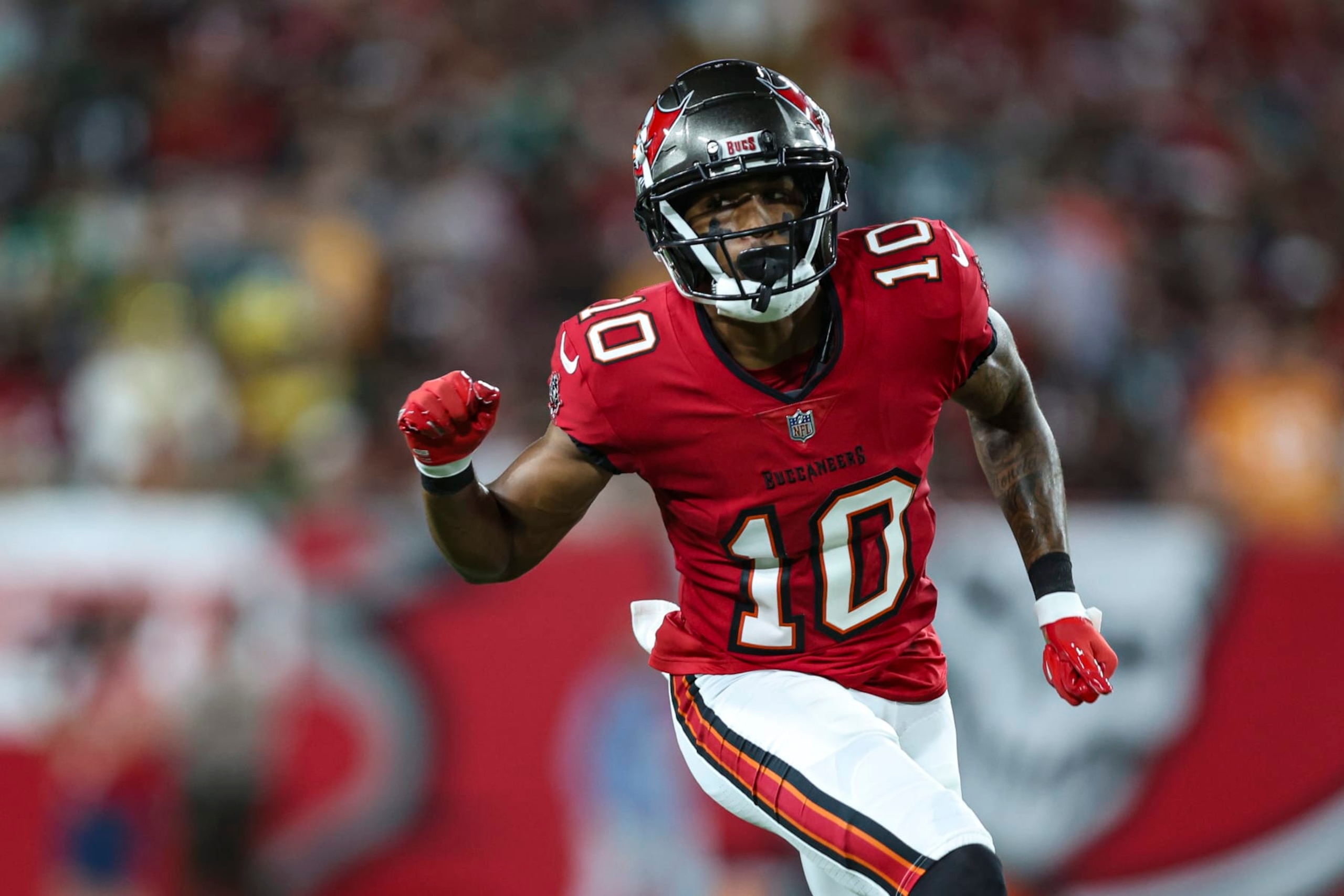 TAMPA, FL - SEPTEMBER 25: Trey Palmer #10 of the Tampa Bay Buccaneers runs a route during an NFL football game against the Philadelphia Eagles at Raymond James Stadium on September 25, 2023 in Tampa, Florida. (Photo by Perry Knotts/Getty Images)