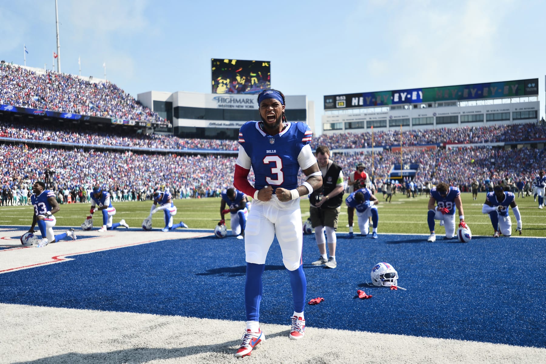 Buffalo Bills safety Damar Hamlin (3) shouts while warming up prior to an NFL football game against the Miami Dolphins, Sunday, Oct. 1, 2023, in Orchard Park, N.Y. (AP Photo/Adrian Kraus)