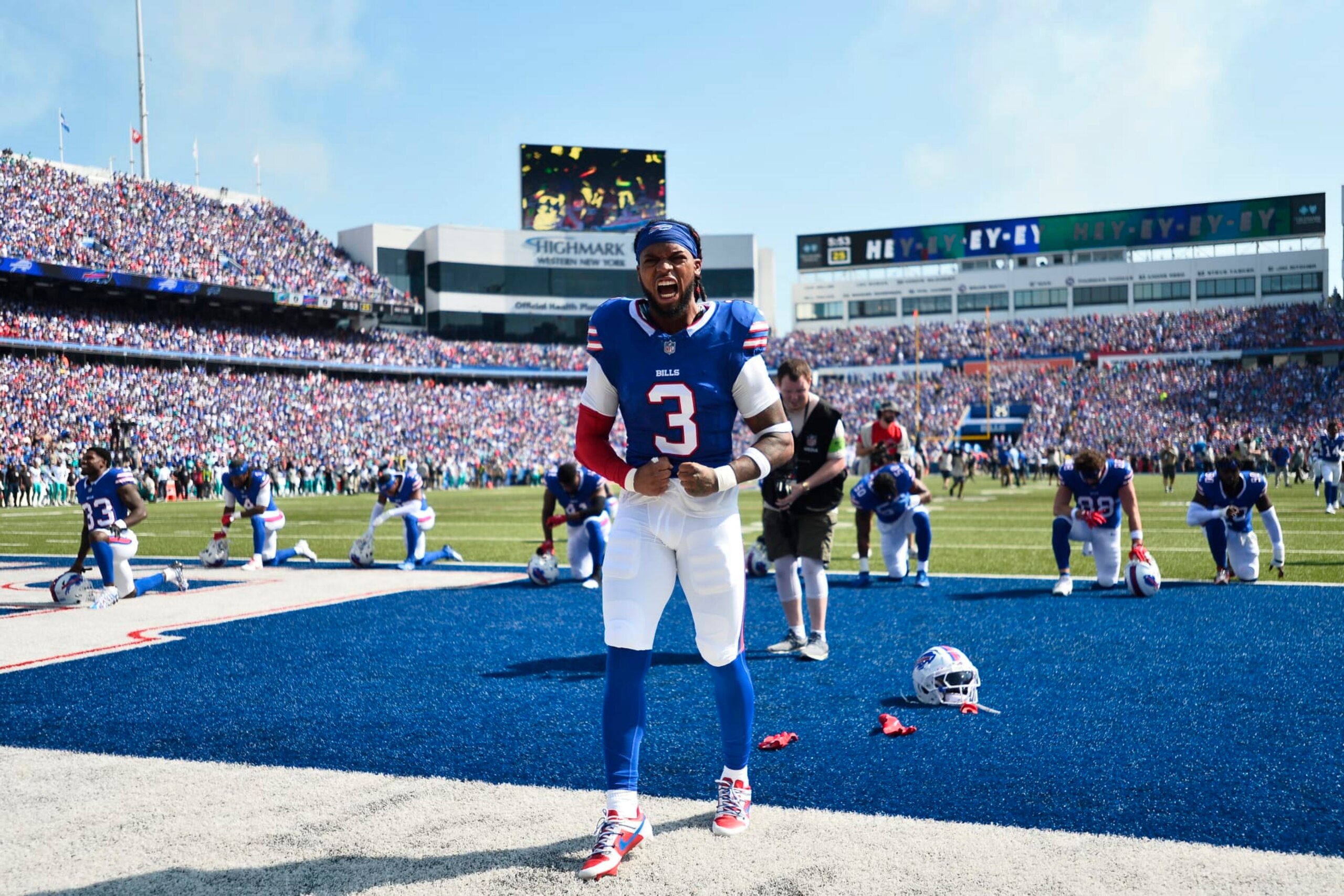 Buffalo Bills safety Damar Hamlin (3) shouts while warming up prior to an NFL football game against the Miami Dolphins, Sunday, Oct. 1, 2023, in Orchard Park, N.Y. (AP Photo/Adrian Kraus)