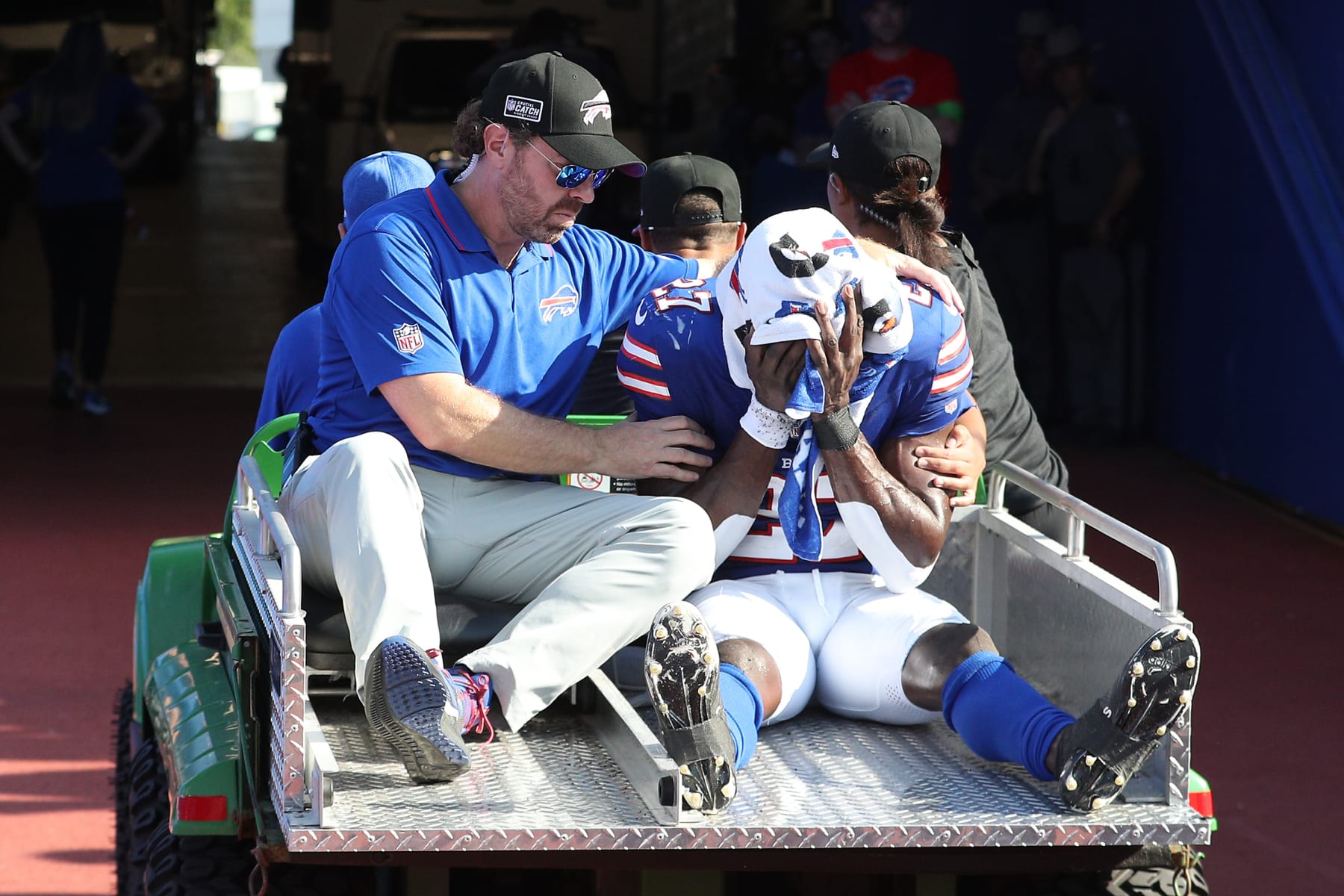 ORCHARD PARK, NEW YORK - OCTOBER 01: Tre'Davious White #27 of the Buffalo Bills leaves the field on a cart after being injured during the third quarter against the Miami Dolphins at Highmark Stadium on October 01, 2023 in Orchard Park, New York. (Photo by Bryan M. Bennett/Getty Images)