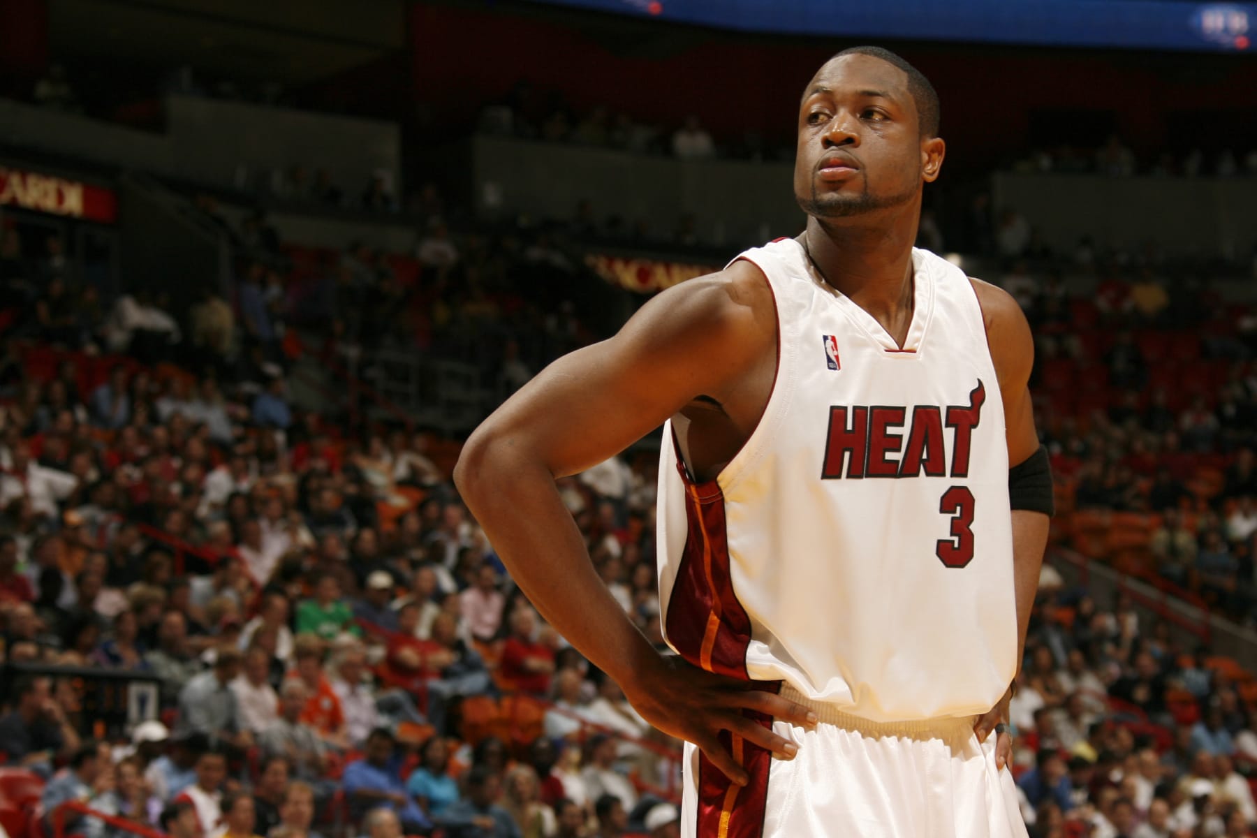 MIAMI - MARCH 23: Dwyane Wade #3 of the Miami Heat takes a breather against the Memphis Grizzlies on February 23, 2009 at the American Airlines Arena in Miami, Florida. NOTE TO USER: User expressly acknowledges and agrees that, by downloading and or using this Photograph, user is consenting to the terms and conditions of the Getty Images License Agreement. Mandatory Copyright Notice: Copyright 2009 NBAE (Photo by Victor Baldizon/NBAE via Getty Images)