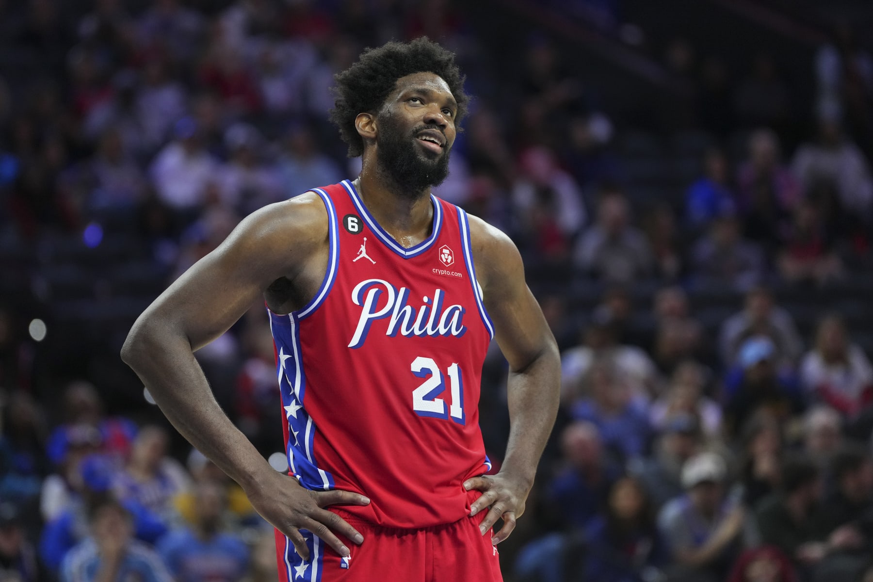 PHILADELPHIA, PA - MARCH 31: Joel Embiid #21 of the Philadelphia 76ers smiles against the Toronto Raptors in the fourth quarter at the Wells Fargo Center on March 31, 2023 in Philadelphia, Pennsylvania. The 76ers defeated the Raptors 117-110. NOTE TO USER: User expressly acknowledges and agrees that, by downloading and or using this photograph, User is consenting to the terms and conditions of the Getty Images License Agreement. (Photo by Mitchell Leff/Getty Images)