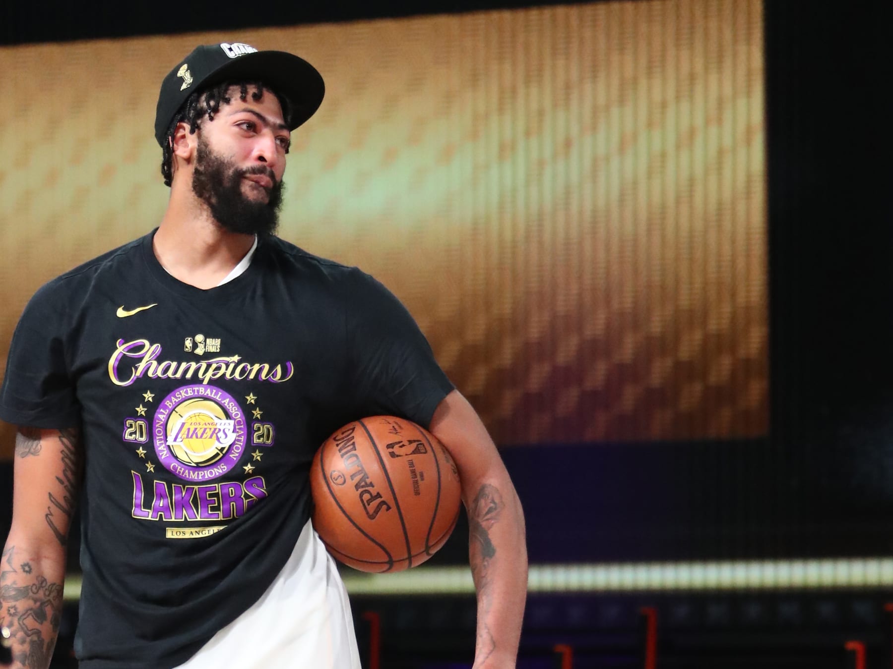 ORLANDO, FL - OCTOBER 11: Anthony Davis #3 of the Los Angeles Lakers smiles during the trophy ceremony during Game Six of the NBA Finals on October 11, 2020 at AdventHealth Arena in Orlando, Florida. NOTE TO USER: User expressly acknowledges and agrees that, by downloading and/or using this Photograph, user is consenting to the terms and conditions of the Getty Images License Agreement. Mandatory Copyright Notice: Copyright 2020 NBAE (Photo by Nathaniel S. Butler/NBAE via Getty Images)