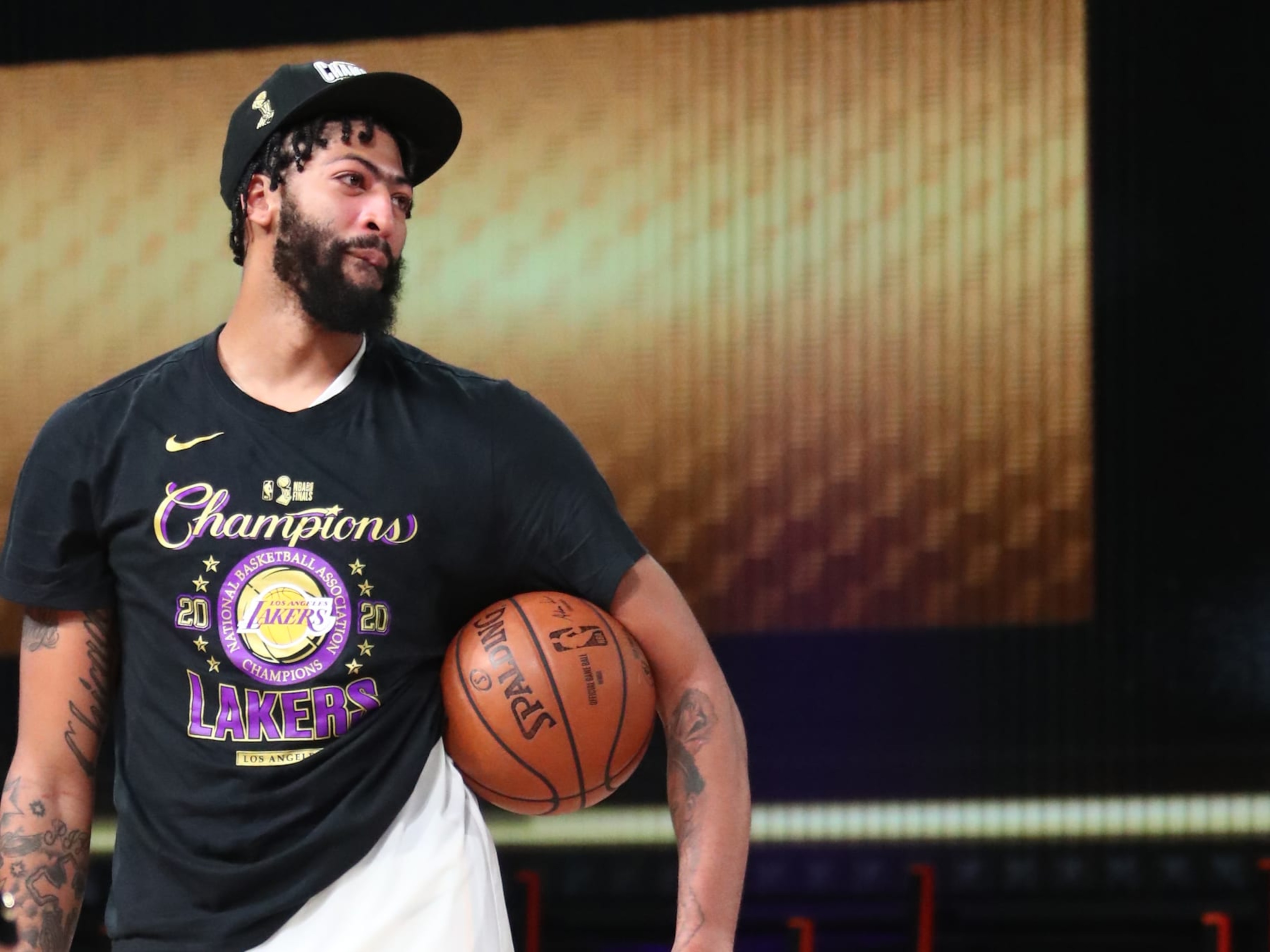 ORLANDO, FL - OCTOBER 11: Anthony Davis #3 of the Los Angeles Lakers smiles during the trophy ceremony during Game Six of the NBA Finals on October 11, 2020 at AdventHealth Arena in Orlando, Florida. NOTE TO USER: User expressly acknowledges and agrees that, by downloading and/or using this Photograph, user is consenting to the terms and conditions of the Getty Images License Agreement. Mandatory Copyright Notice: Copyright 2020 NBAE (Photo by Nathaniel S. Butler/NBAE via Getty Images) ORLANDO, FL - OCTOBER 11: Anthony Davis #3 of the Los Angeles Lakers smiles during the trophy ceremony during Game Six of the NBA Finals on October 11, 2020 at AdventHealth Arena in Orlando, Florida. NOTE TO USER: User expressly acknowledges and agrees that, by downloading and/or using this Photograph, user is consenting to the terms and conditions of the Getty Images License Agreement. Mandatory Copyright Notice: Copyright 2020 NBAE (Photo by Nathaniel S. Butler/NBAE via Getty Images)