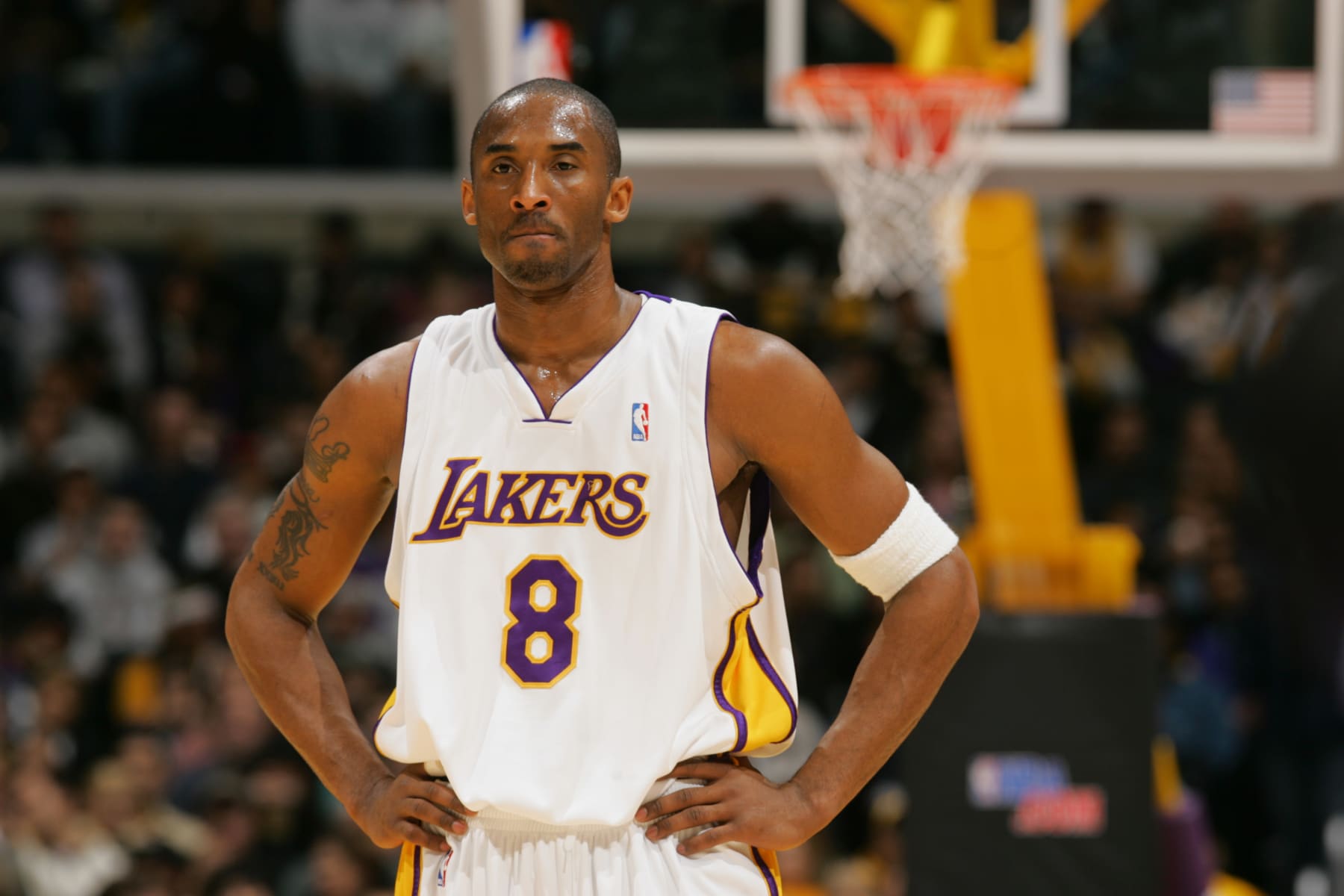 LOS ANGELES - MARCH 12:  Kobe Bryant #8 of the Los Angeles Lakers stands on the court during the game against the Seattle Sonics on March 12, 2006 at Staples Center in Los Angeles, California. The Sonics won 120-113. NOTE TO USER: User expressly acknowledges and agrees that, by downloading and/or using this Photograph, user is consenting to the terms and conditions of the Getty Images License Agreement. Mandatory Copyright Notice: Copyright 2006 NBAE (Photo by Garrett W. Ellwood/NBAE via Getty Images) 