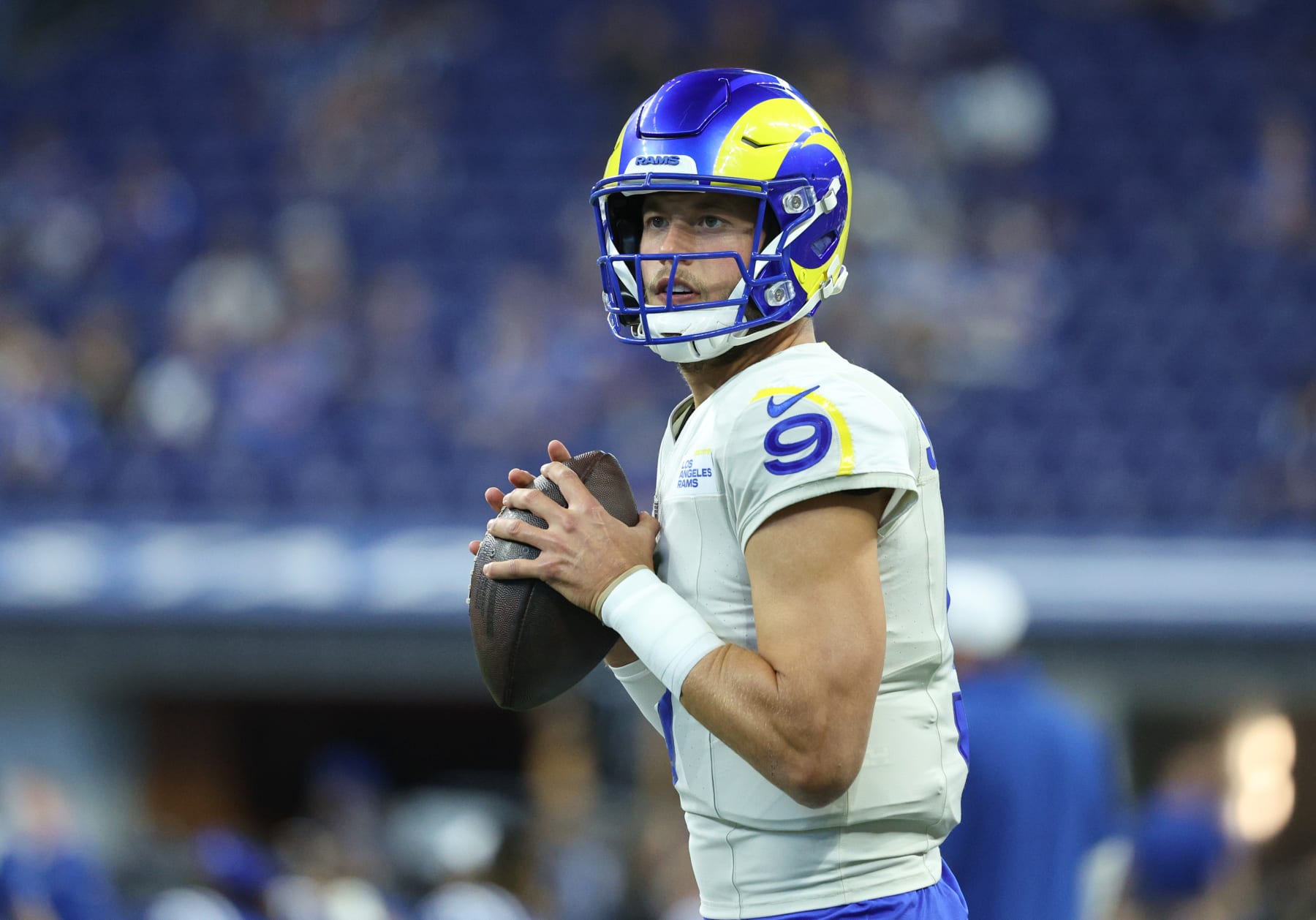 INDIANAPOLIS, INDIANA - OCTOBER 01: Matthew Stafford #9 of the Los Angeles Rams warms up against the Indianapolis Colts at Lucas Oil Stadium on October 01, 2023 in Indianapolis, Indiana. (Photo by Michael Hickey/Getty Images)