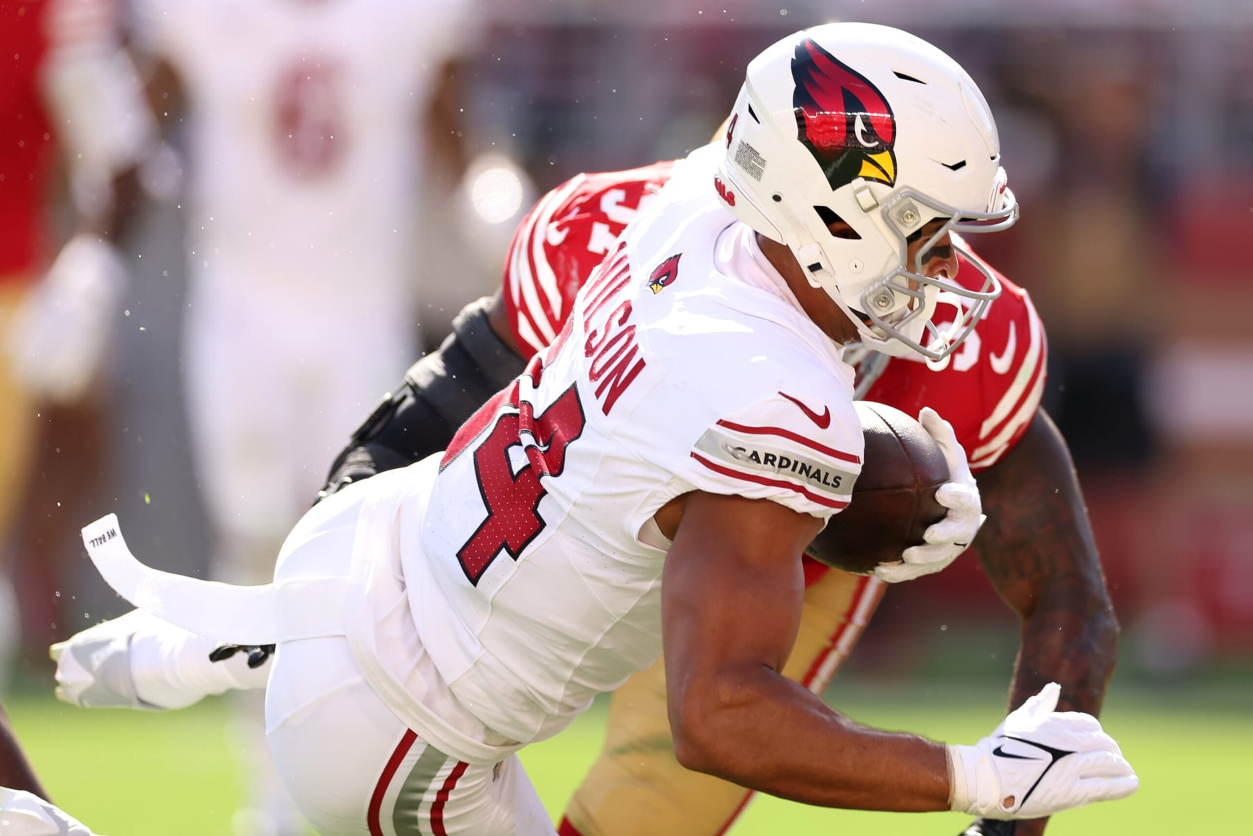 SANTA CLARA, CALIFORNIA - OCTOBER 01: Michael Wilson #14 of the Arizona Cardinals makes a touchdown reception during the third quarter against the San Francisco 49ers at Levi's Stadium on October 01, 2023 in Santa Clara, California. (Photo by Ezra Shaw/Getty Images)