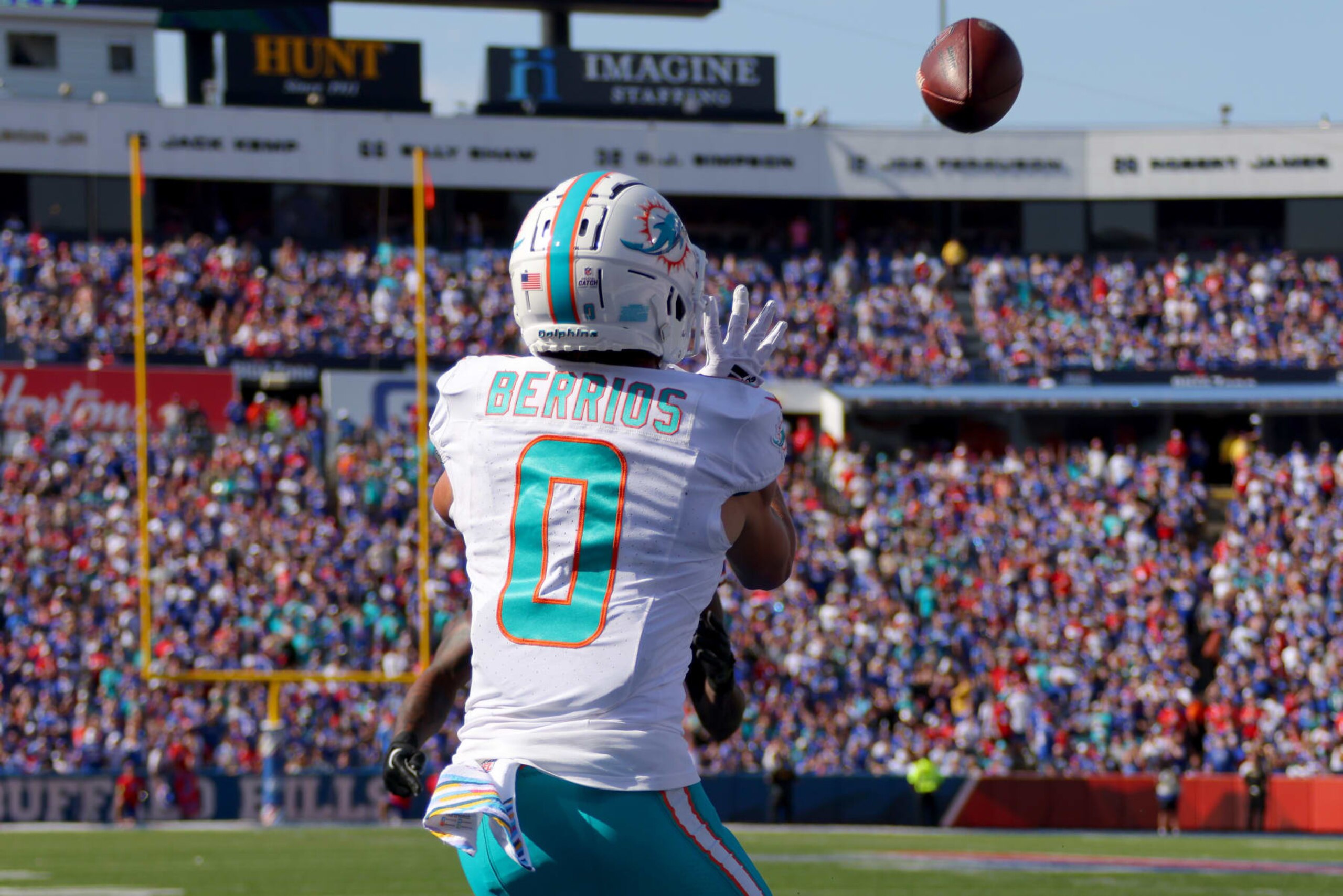 ORCHARD PARK, NEW YORK - OCTOBER 01: Braxton Berrios #0 of the Miami Dolphins makes a touchdown reception against the Buffalo Bills during the third quarter at Highmark Stadium on October 01, 2023 in Orchard Park, New York. (Photo by Timothy T Ludwig/Getty Images)