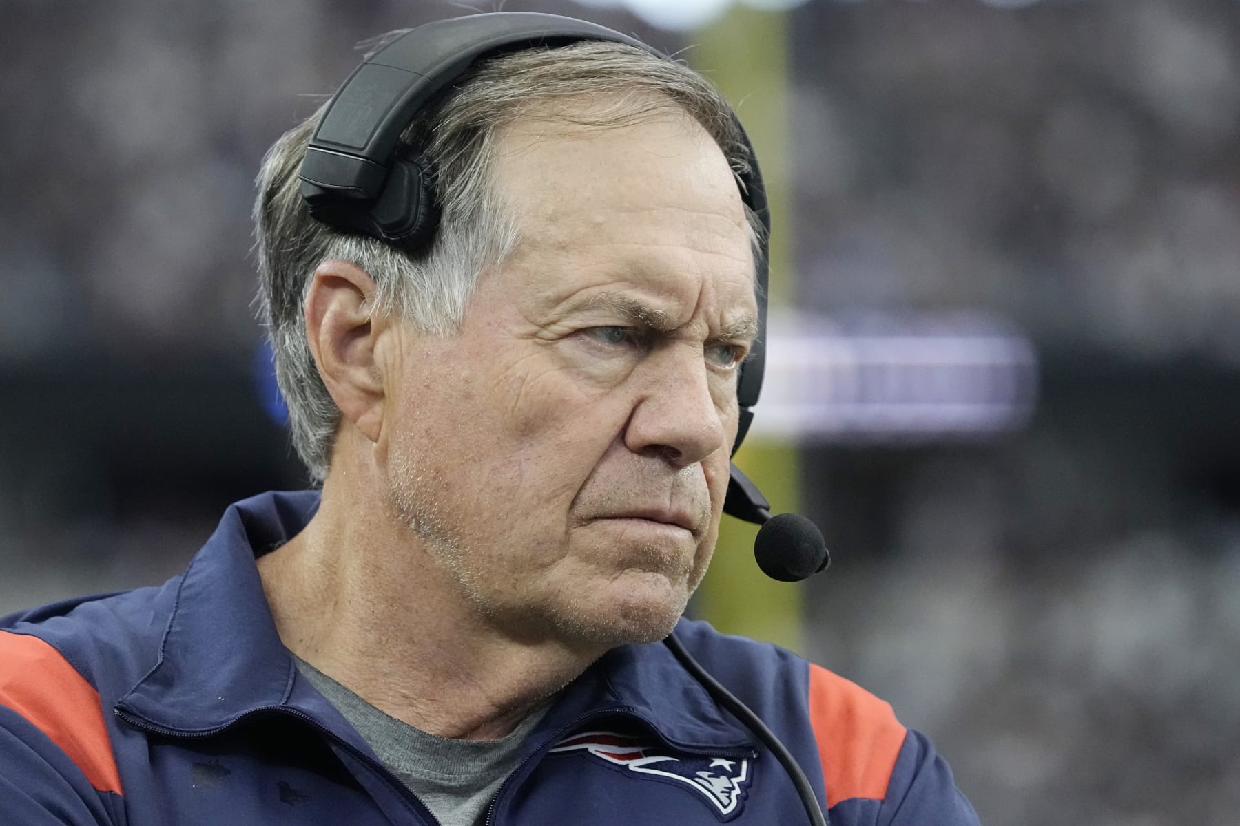 ARLINGTON, TEXAS - OCTOBER 01: Head coach Bill Belichick of the New England Patriots looks during the first quarter against the Dallas Cowboys at AT&T Stadium on October 01, 2023 in Arlington, Texas. (Photo by Sam Hodde/Getty Images)