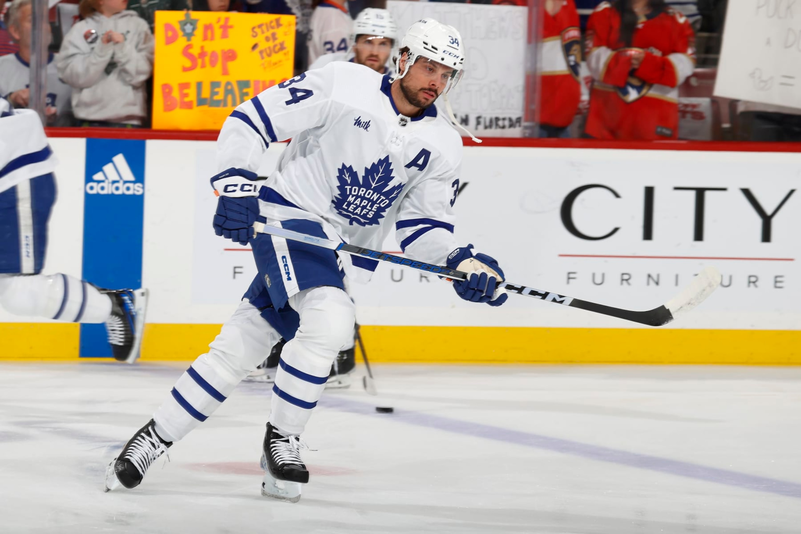SUNRISE, FLORIDA - MAY 10: Auston Matthews #34 of the Toronto Maple Leafs skates on the ice prior to the start of the game against the Florida Panthers in Game Four of the Second Round of the 2023 Stanley Cup Playoffs at the FLA Live Arena on May 10, 2023 in Sunrise, Florida. (Photo by Eliot J. Schechter/NHLI via Getty Images)
