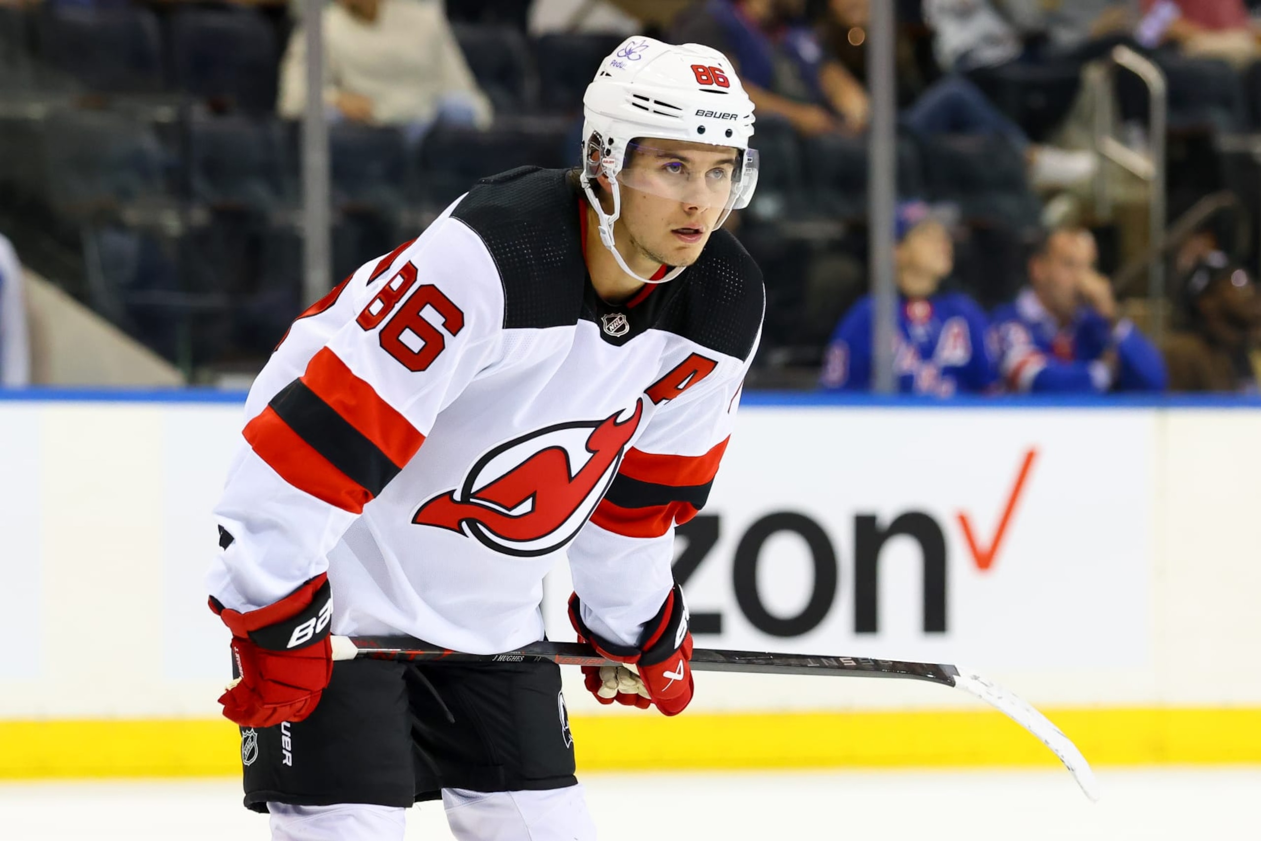 NEWARK, NJ - September 28:  Jack Hughes #86 of the New Jersey Devils during the preseason game against the New York Rangers on September 28, 2023 at Madison Square Garden in New York, New York.  (Photo by Rich Graessle/Getty Images)