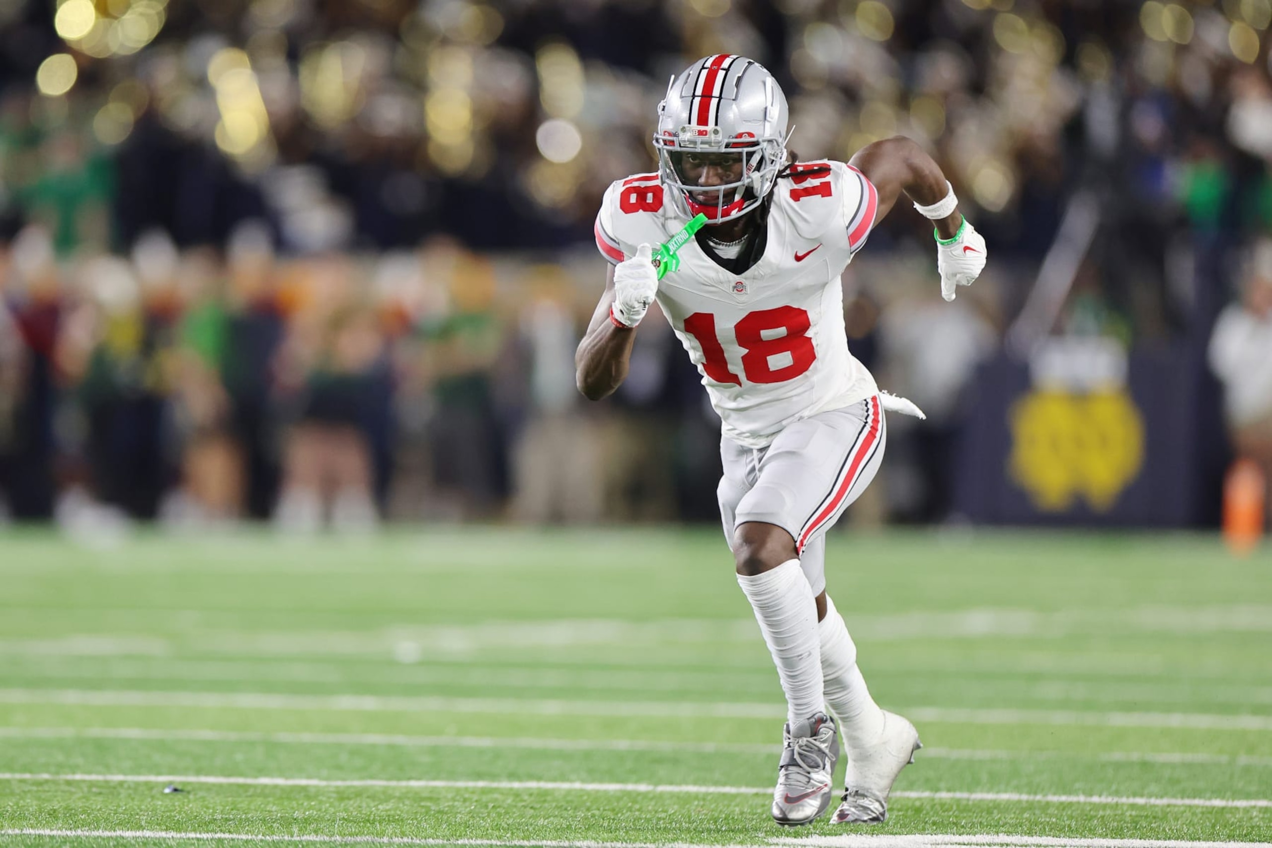 SOUTH BEND, INDIANA - SEPTEMBER 23: Marvin Harrison Jr. #18 of the Ohio State Buckeyes in action against the Notre Dame Fighting Irish during the second half at Notre Dame Stadium on September 23, 2023 in South Bend, Indiana. (Photo by Michael Reaves/Getty Images) SOUTH BEND, INDIANA - SEPTEMBER 23: Marvin Harrison Jr. #18 of the Ohio State Buckeyes in action against the Notre Dame Fighting Irish during the second half at Notre Dame Stadium on September 23, 2023 in South Bend, Indiana. (Photo by Michael Reaves/Getty Images)