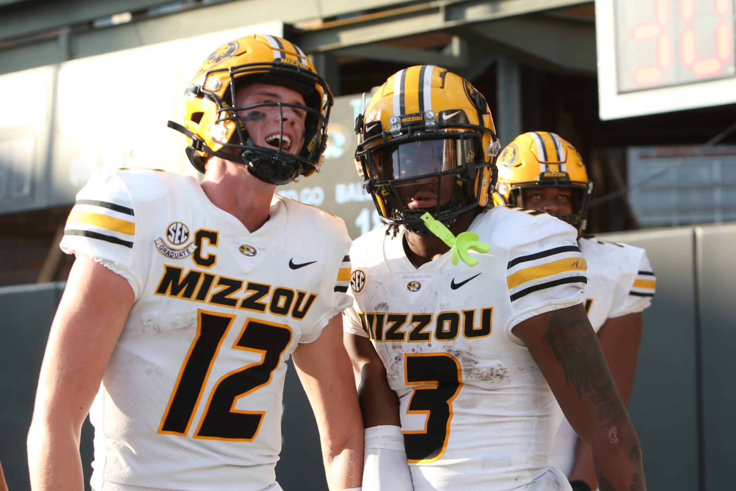 NASHVILLE, TN - SEPTEMBER 30: Missouri Tigers wide receiver Luther Burden III (3) is congratulated by Missouri Tigers quarterback Brady Cook (12) after scoring a touchdown during a game between the Vanderbilt Commodores and Missouri Tigers, September 30, 2023 at FirstBank Stadium in Nashville, Tennessee.(Photo by Matthew Maxey/Icon Sportswire via Getty Images) NASHVILLE, TN - SEPTEMBER 30: Missouri Tigers wide receiver Luther Burden III (3) is congratulated by Missouri Tigers quarterback Brady Cook (12) after scoring a touchdown during a game between the Vanderbilt Commodores and Missouri Tigers, September 30, 2023 at FirstBank Stadium in Nashville, Tennessee.(Photo by Matthew Maxey/Icon Sportswire via Getty Images)