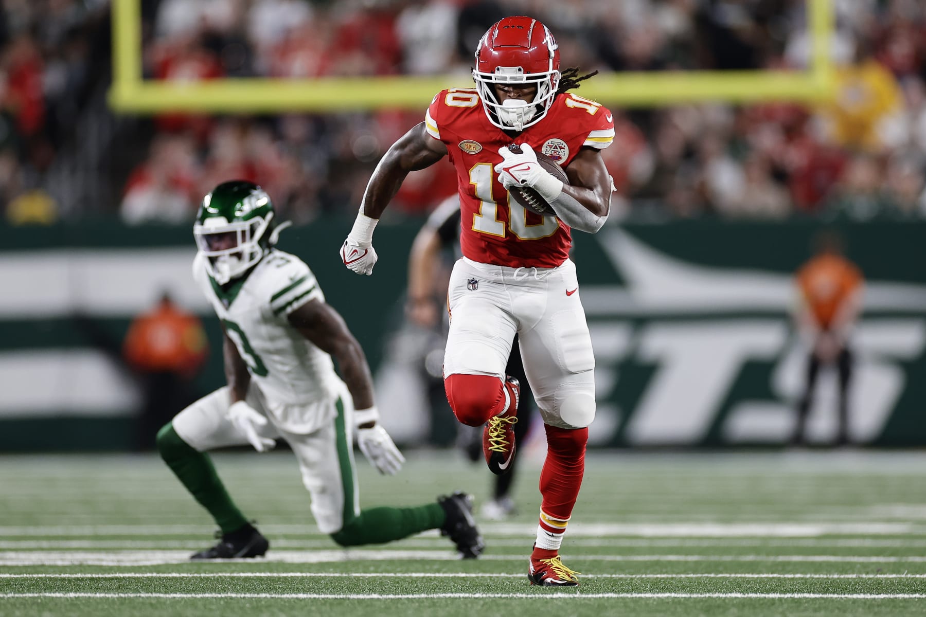 Kansas City Chiefs running back Isiah Pacheco (10) runs for a touchdown against the New York Jets during the first quarter of an NFL football game, Sunday, Oct. 1, 2023, in East Rutherford, N.J. (AP Photo/Adam Hunger)