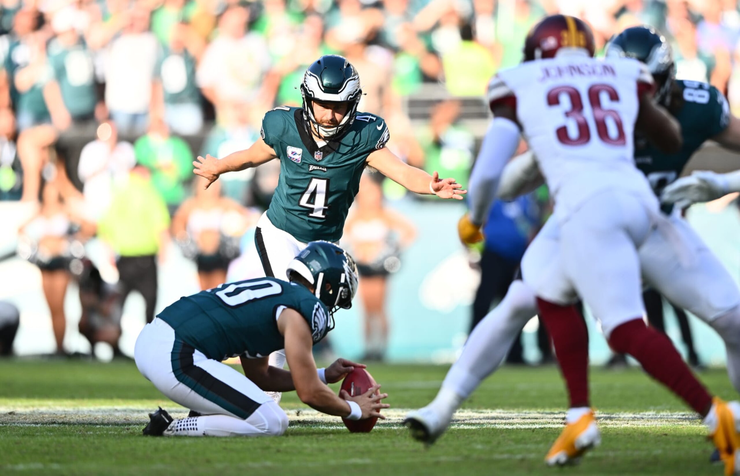 PHILADELPHIA, PA - OCTOBER 01: Philadelphia Eagles Place Kicker Jake Elliott (4) lines up to kick a game-winning field goal in overtime during the game between the Washington Commanders and Philadelphia Eagles on October 01, 2023 at Lincoln Financial Field in Philadelphia, PA. (Photo by Kyle Ross/Icon Sportswire via Getty Images)