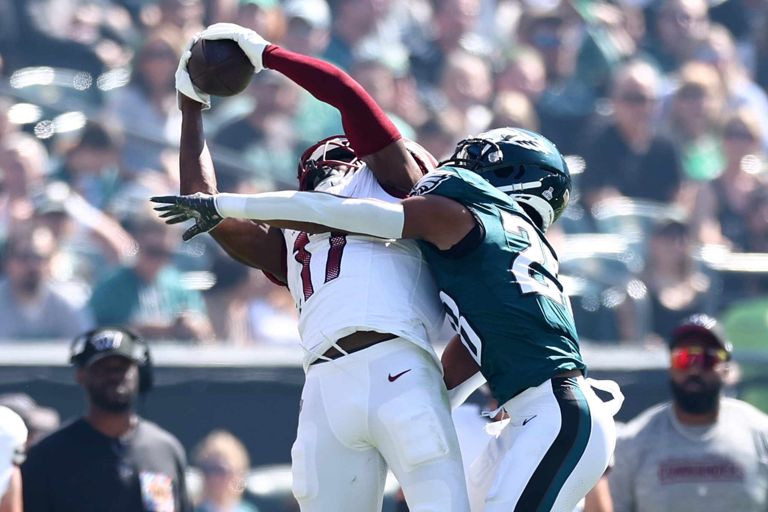 PHILADELPHIA, PENNSYLVANIA - OCTOBER 01: Terry McLaurin #17 of the Washington Commanders makes a reception against Josh Jobe #28 of the Philadelphia Eagles at Lincoln Financial Field on October 01, 2023 in Philadelphia, Pennsylvania. (Photo by Tim Nwachukwu/Getty Images)