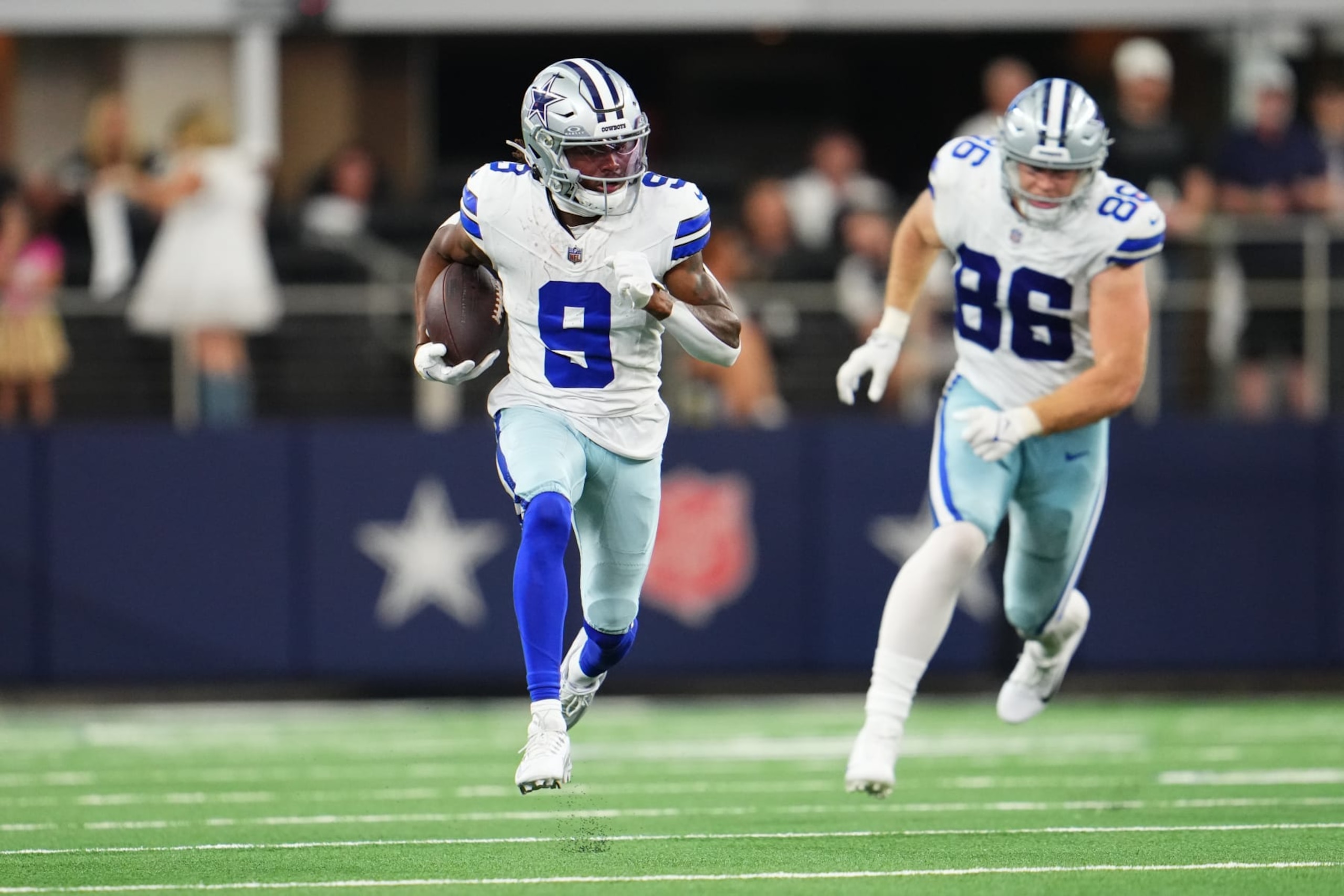 ARLINGTON, TX - OCTOBER 01: KaVontae Turpin #9 of the Dallas Cowboys runs with the ball against the New England Patriots during the second half at AT&T Stadium on October 1, 2023 in Arlington, Texas. (Photo by Cooper Neill/Getty Images) ARLINGTON, TX - OCTOBER 01: KaVontae Turpin #9 of the Dallas Cowboys runs with the ball against the New England Patriots during the second half at AT&T Stadium on October 1, 2023 in Arlington, Texas. (Photo by Cooper Neill/Getty Images)