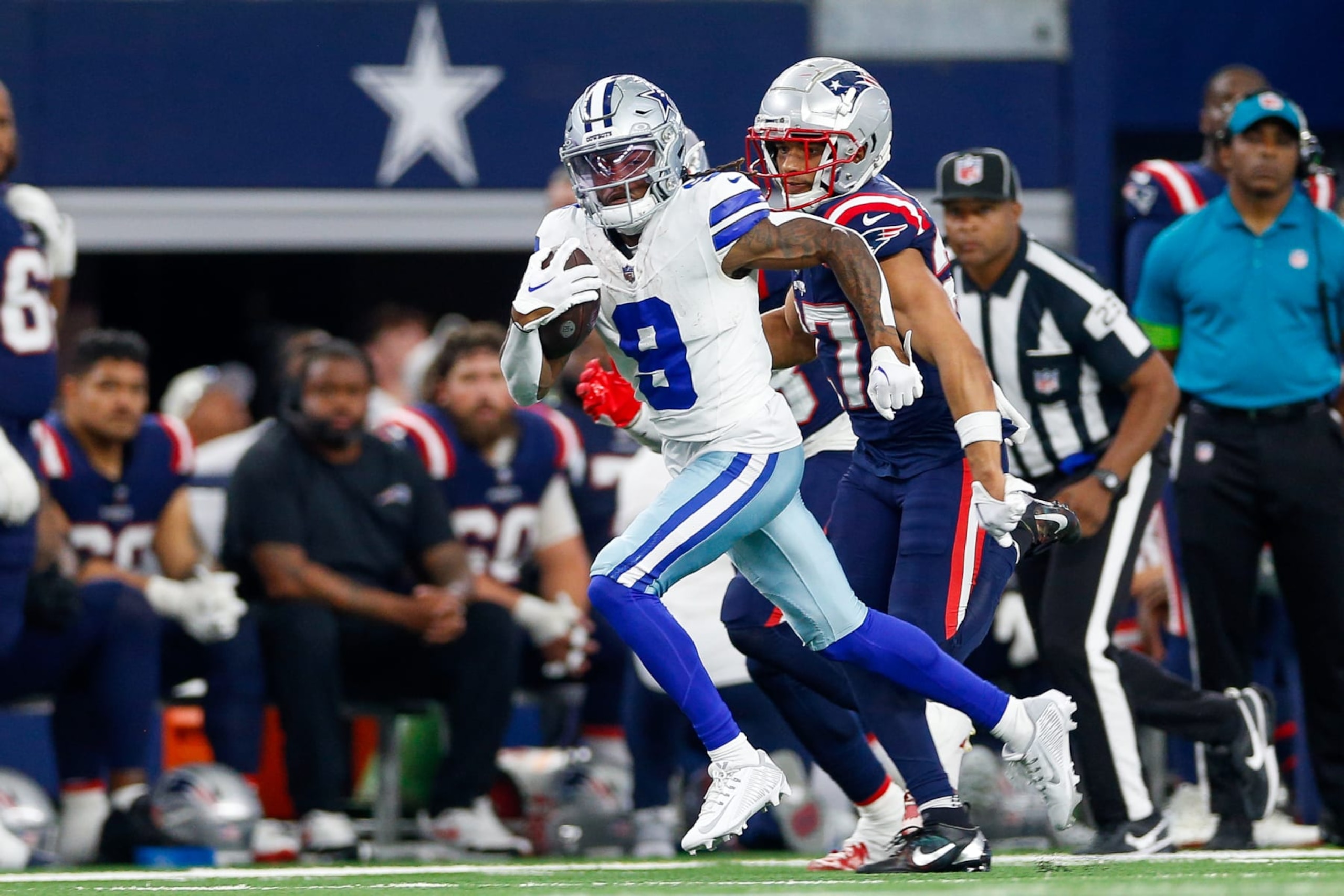 ARLINGTON, TX - OCTOBER 01: Dallas Cowboys wide receiver KaVontae Turpin (9) breaks for a long gain during the game between the New England Patriots and Dallas Cowboys on October 1, 2023 at AT&T Stadium in Arlington, TX. (Photo by Andrew Dieb/Icon Sportswire via Getty Images) ARLINGTON, TX - OCTOBER 01: Dallas Cowboys wide receiver KaVontae Turpin (9) breaks for a long gain during the game between the New England Patriots and Dallas Cowboys on October 1, 2023 at AT&T Stadium in Arlington, TX. (Photo by Andrew Dieb/Icon Sportswire via Getty Images)