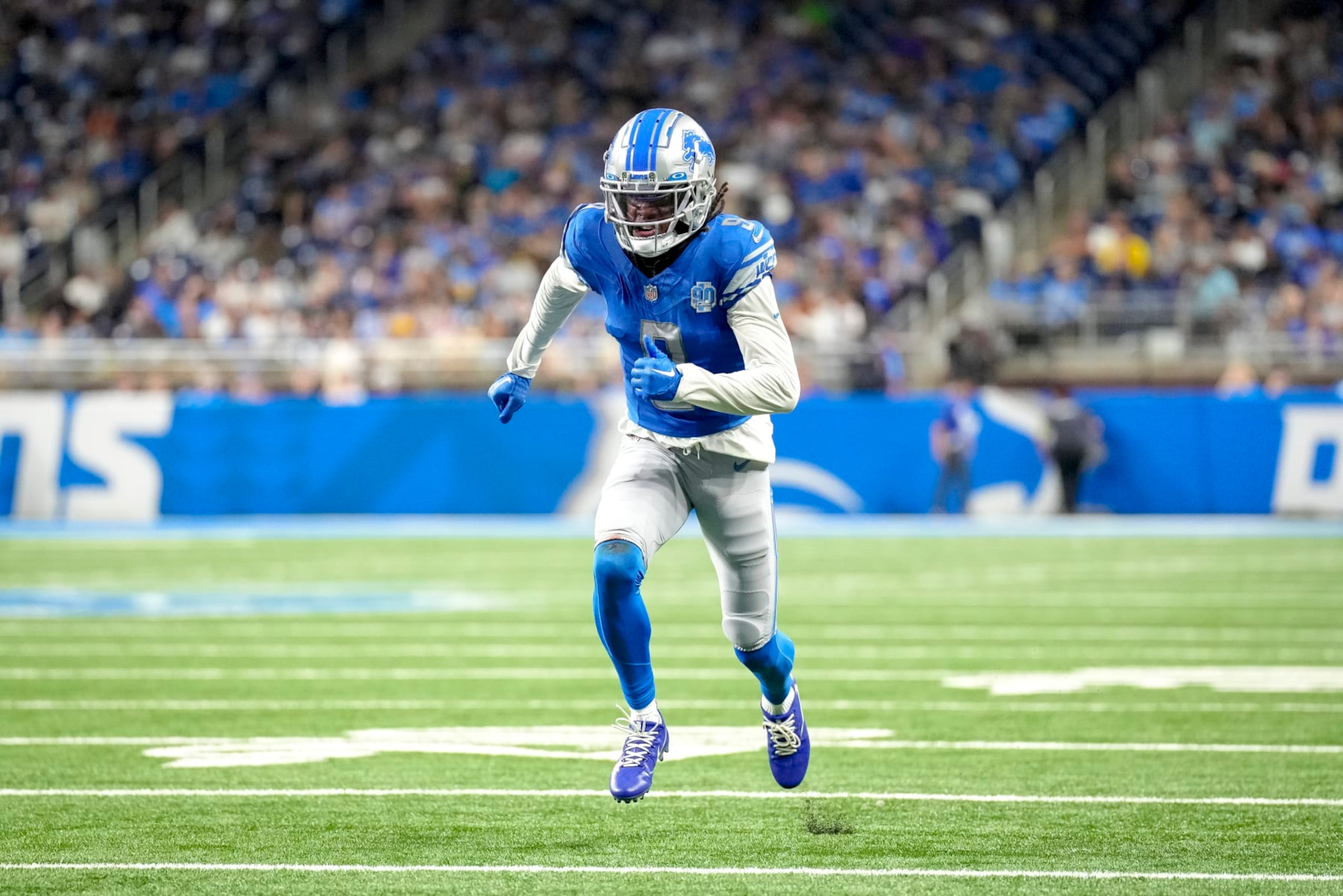 DETROIT, MICHIGAN - AUGUST 11: Jameson Williams #9 of the Detroit Lions runs in action against the New York Giants during the preseason game at Ford Field on August 11, 2023 in Detroit, Michigan. (Photo by Nic Antaya/Getty Images)