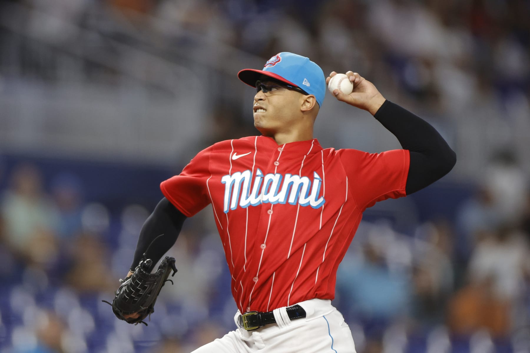MIAMI, FLORIDA - SEPTEMBER 23: Jesus Luzardo #44 of the Miami Marlins delivers during the first inning against the Milwaukee Brewers at loanDepot park on September 23, 2023 in Miami, Florida. (Photo by Carmen Mandato/Getty Images)