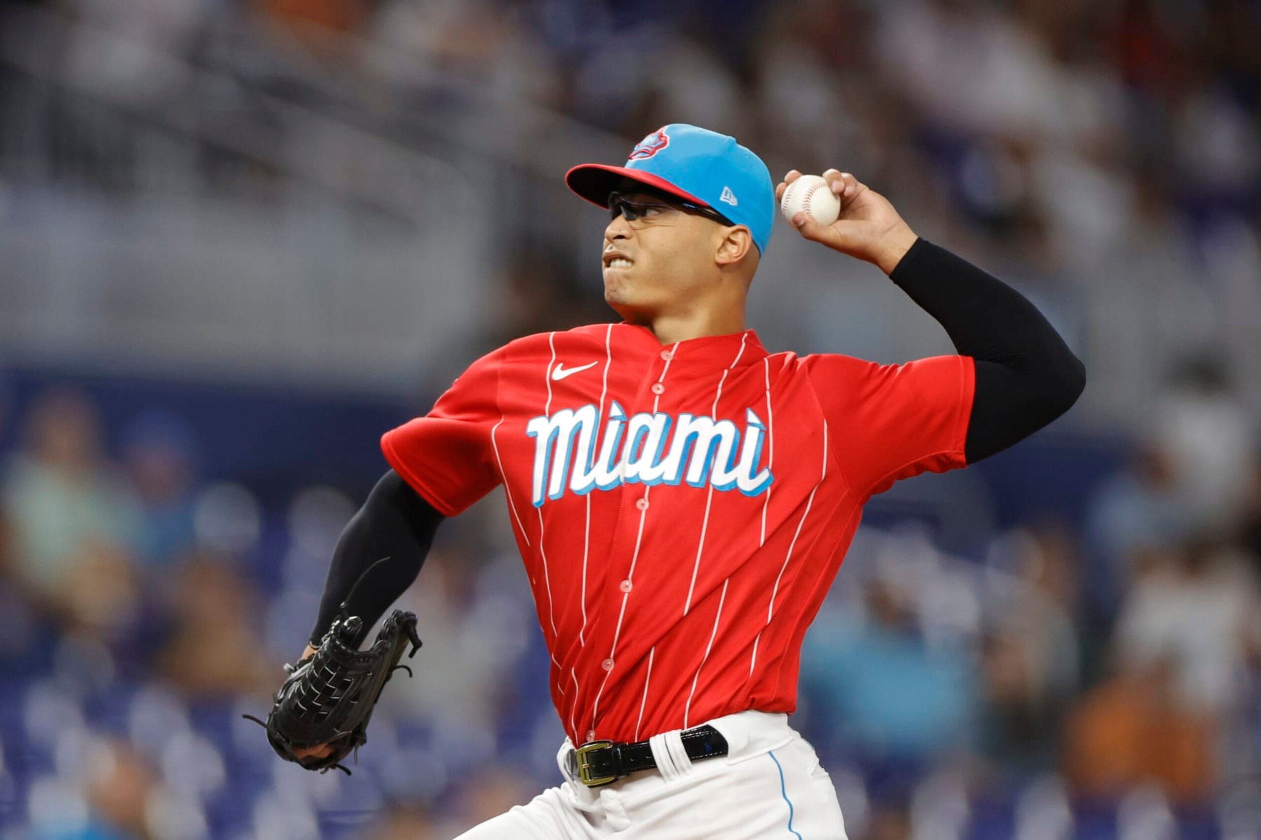 MIAMI, FLORIDA - SEPTEMBER 23: Jesus Luzardo #44 of the Miami Marlins delivers during the first inning against the Milwaukee Brewers at loanDepot park on September 23, 2023 in Miami, Florida. (Photo by Carmen Mandato/Getty Images)