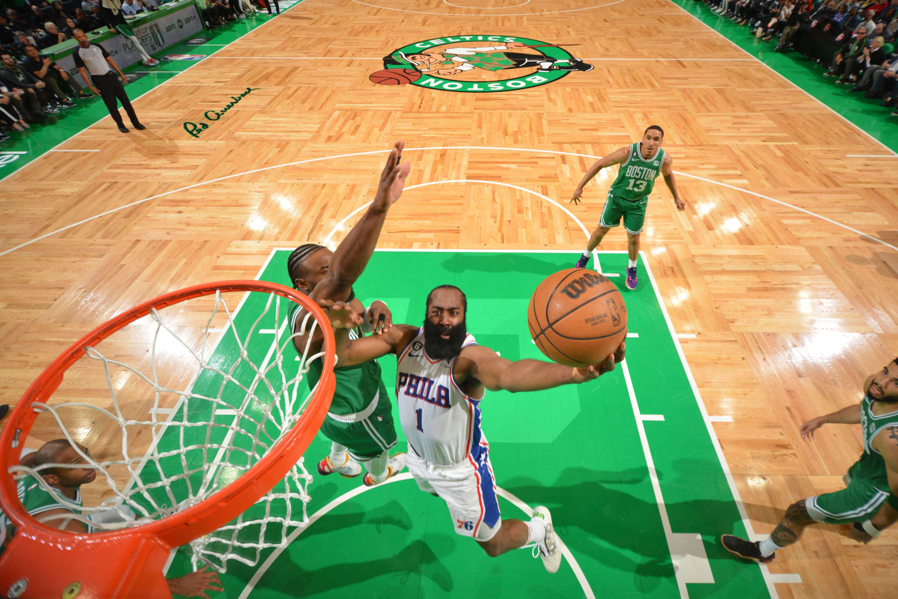 BOSTON, MA - MAY 14: James Harden #1 of the Philadelphia 76ers drives to the basket during Game Seven of the Eastern Conference Semi-Finals of the 2023 NBA Playoffs against the Boston Celtics on May 14, 2023 at the TD Garden in Boston, Massachusetts. NOTE TO USER: User expressly acknowledges and agrees that, by downloading and or using this photograph, User is consenting to the terms and conditions of the Getty Images License Agreement. Mandatory Copyright Notice: Copyright 2023 NBAE  (Photo by Jesse D. Garrabrant/NBAE via Getty Images)