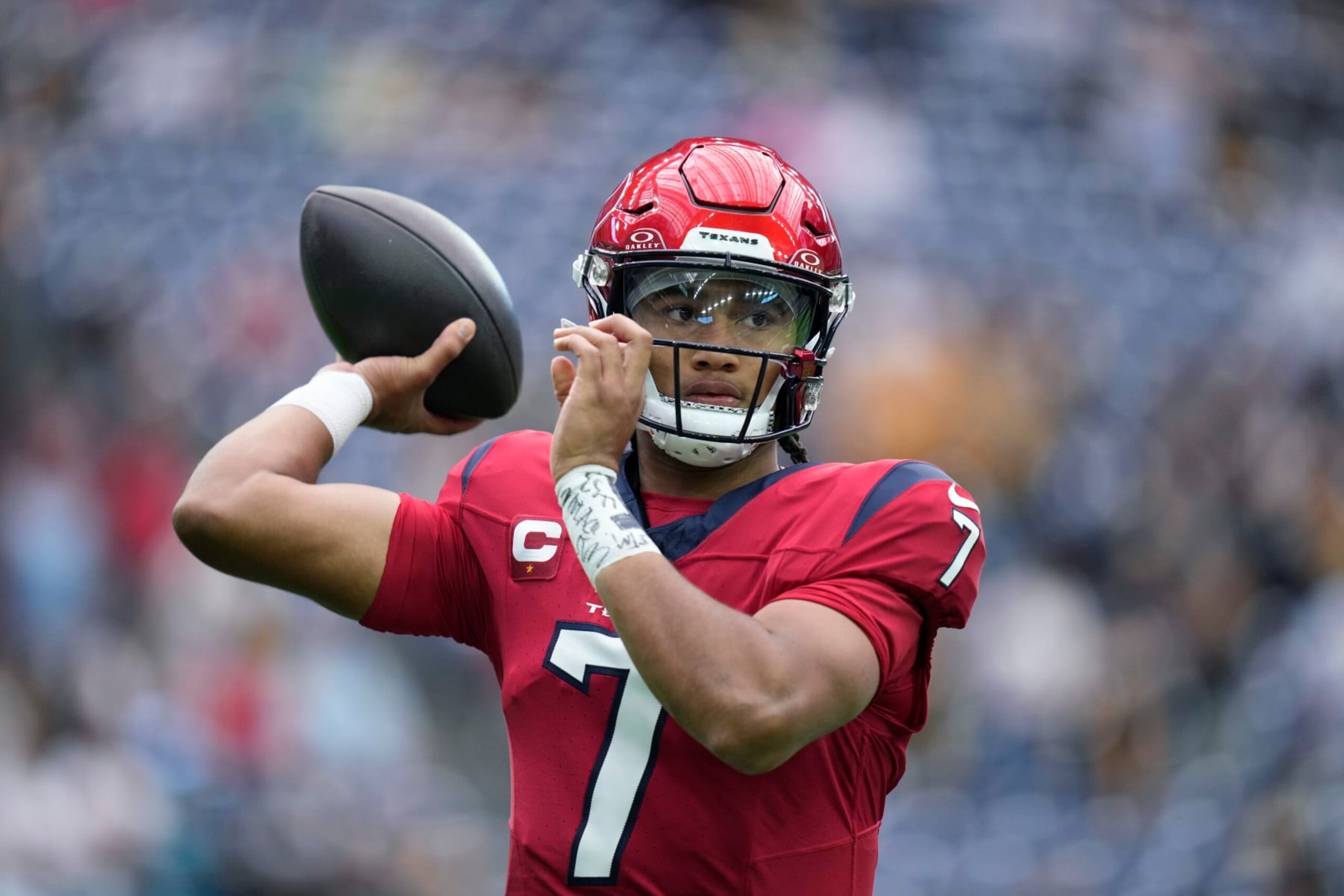 Houston Texans quarterback C.J. Stroud (7) throws before an NFL football game against the Pittsburgh Steelers, Sunday, Oct. 1, 2023, in Houston. (AP Photo/Eric Christian Smith) Houston Texans quarterback C.J. Stroud (7) throws before an NFL football game against the Pittsburgh Steelers, Sunday, Oct. 1, 2023, in Houston. (AP Photo/Eric Christian Smith)