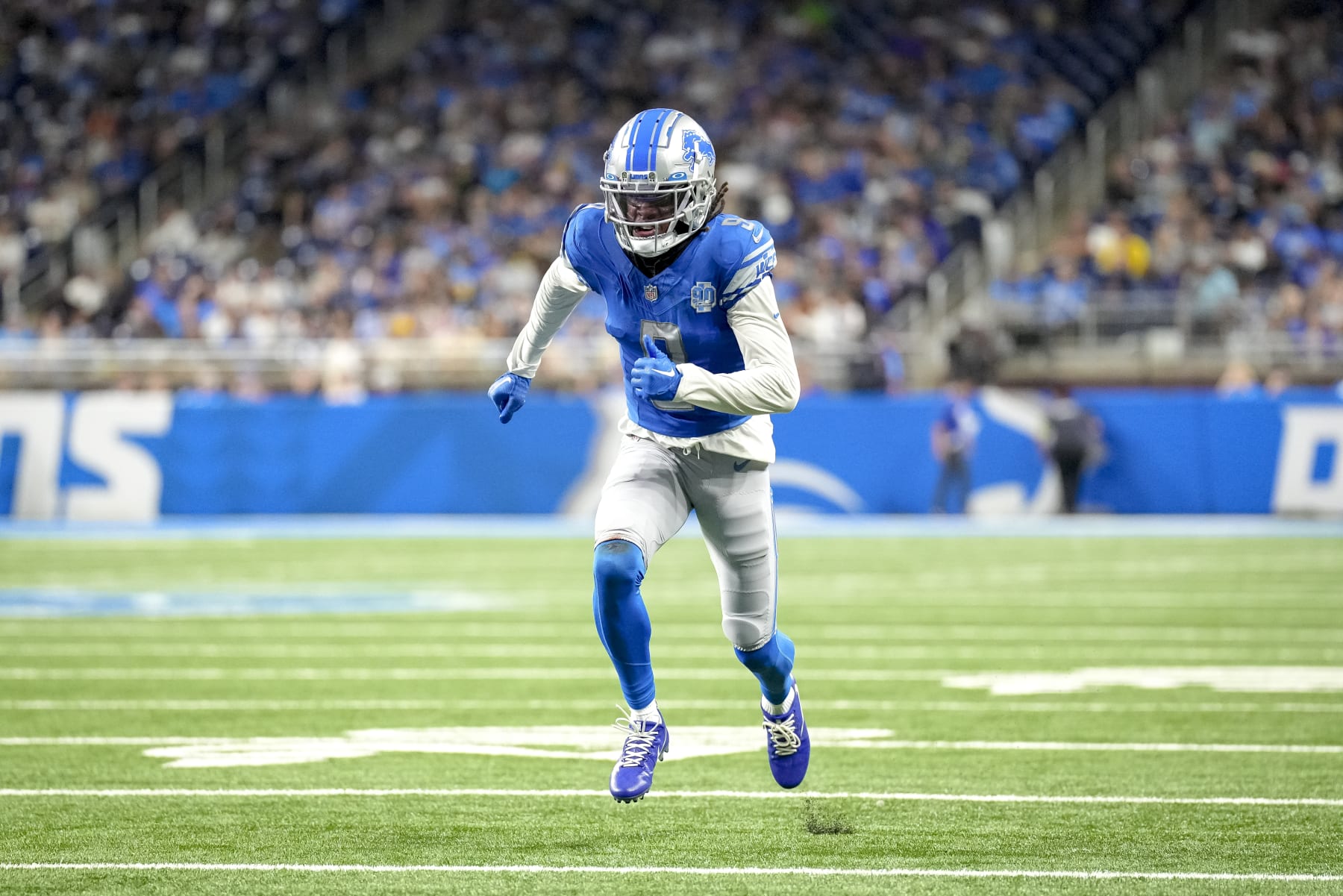 DETROIT, MICHIGAN - AUGUST 11: Jameson Williams #9 of the Detroit Lions runs in action against the New York Giants during the preseason game at Ford Field on August 11, 2023 in Detroit, Michigan. (Photo by Nic Antaya/Getty Images)