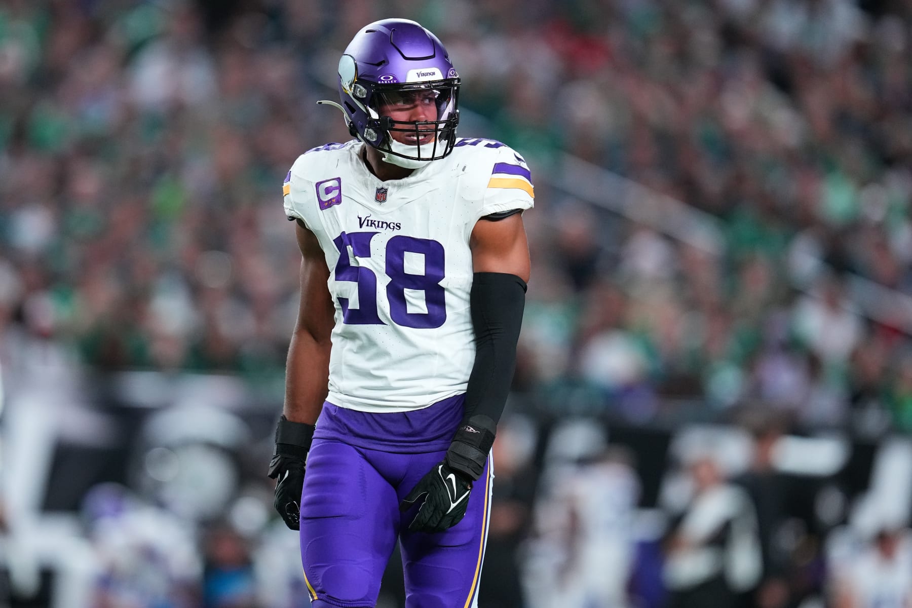 PHILADELPHIA, PENNSYLVANIA - SEPTEMBER 14: Jordan Hicks #58 of the Minnesota Vikings looks on against the Philadelphia Eagles at Lincoln Financial Field on September 14, 2023 in Philadelphia, Pennsylvania. (Photo by Mitchell Leff/Getty Images)