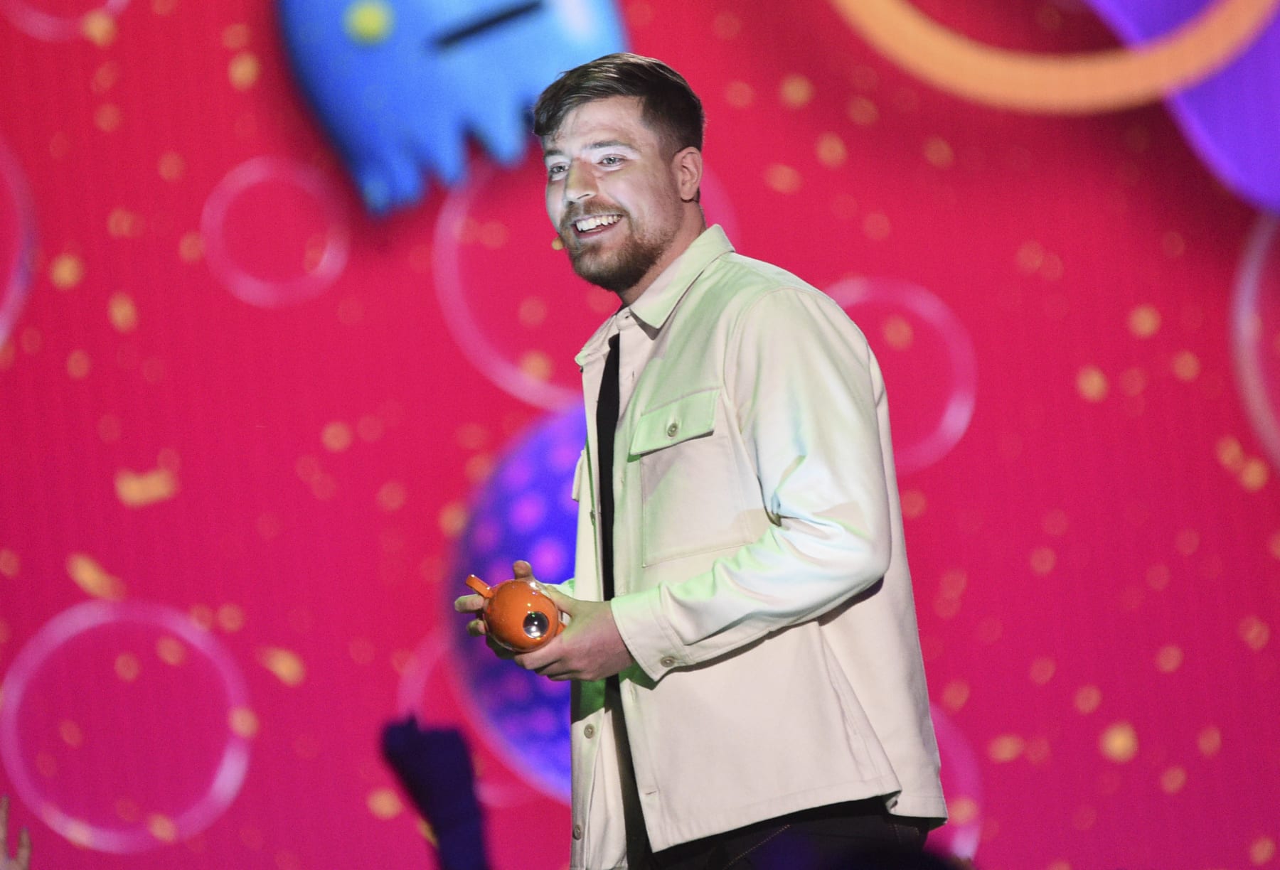 MrBeast accepts the award for favorite male creator during the Nickelodeon Kids' Choice Awards on Saturday, March 4, 2023, at Microsoft Theater in Los Angeles. (Photo by Richard Shotwell/Invision/AP)